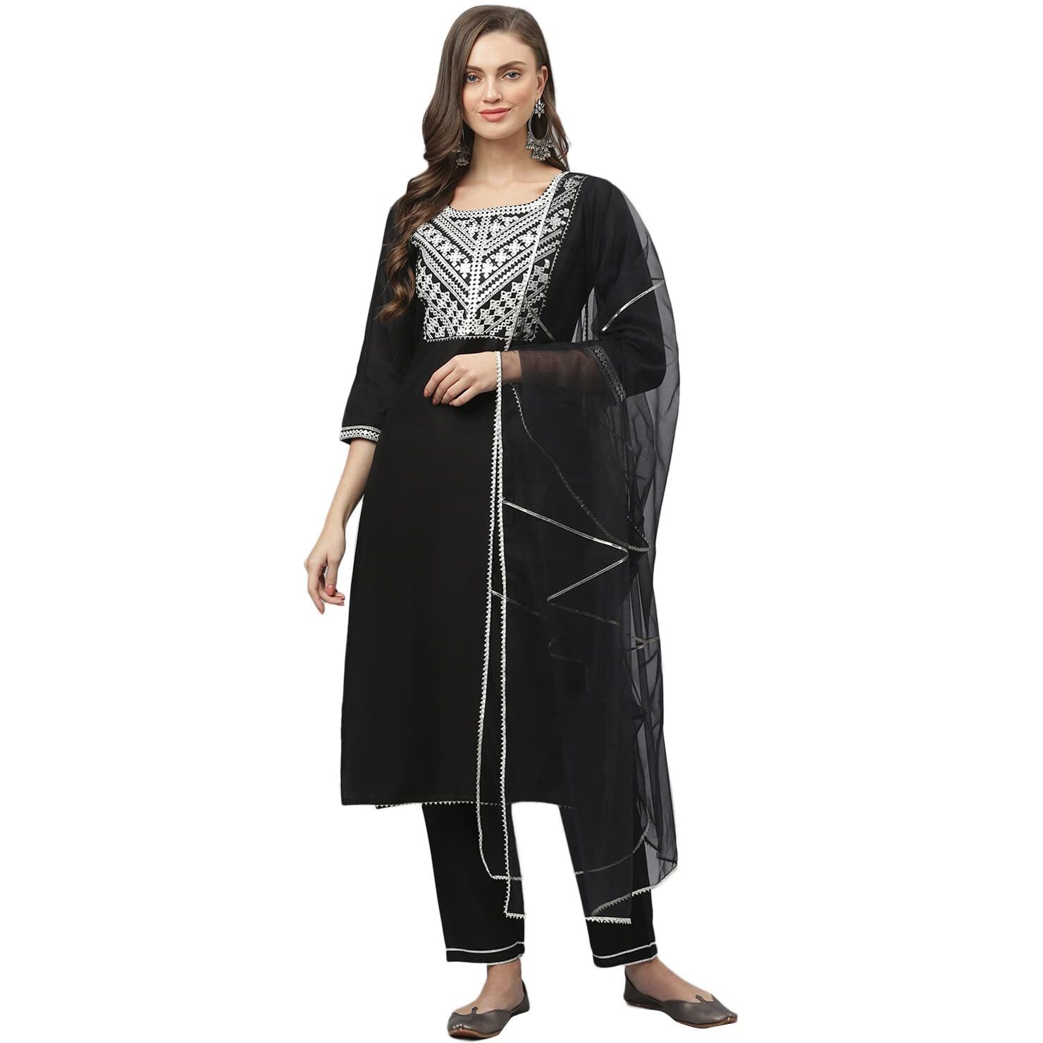 Stylum Women's Embroidered Rayon Straight Kurta Pant Dupatta Set (KPDITALYBLACK40_Black, L)