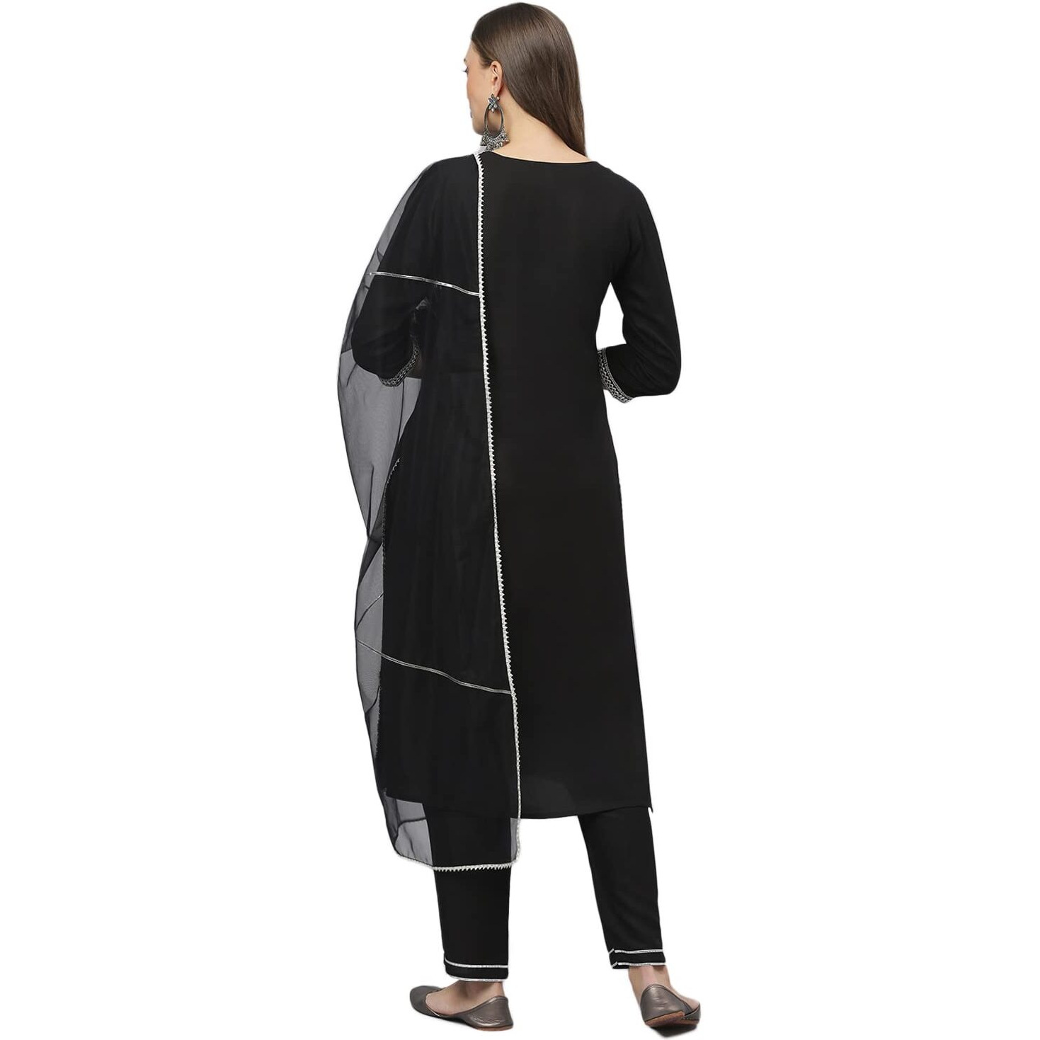 Stylum Women's Embroidered Rayon Straight Kurta Pant Dupatta Set (KPDITALYBLACK40_Black, L)