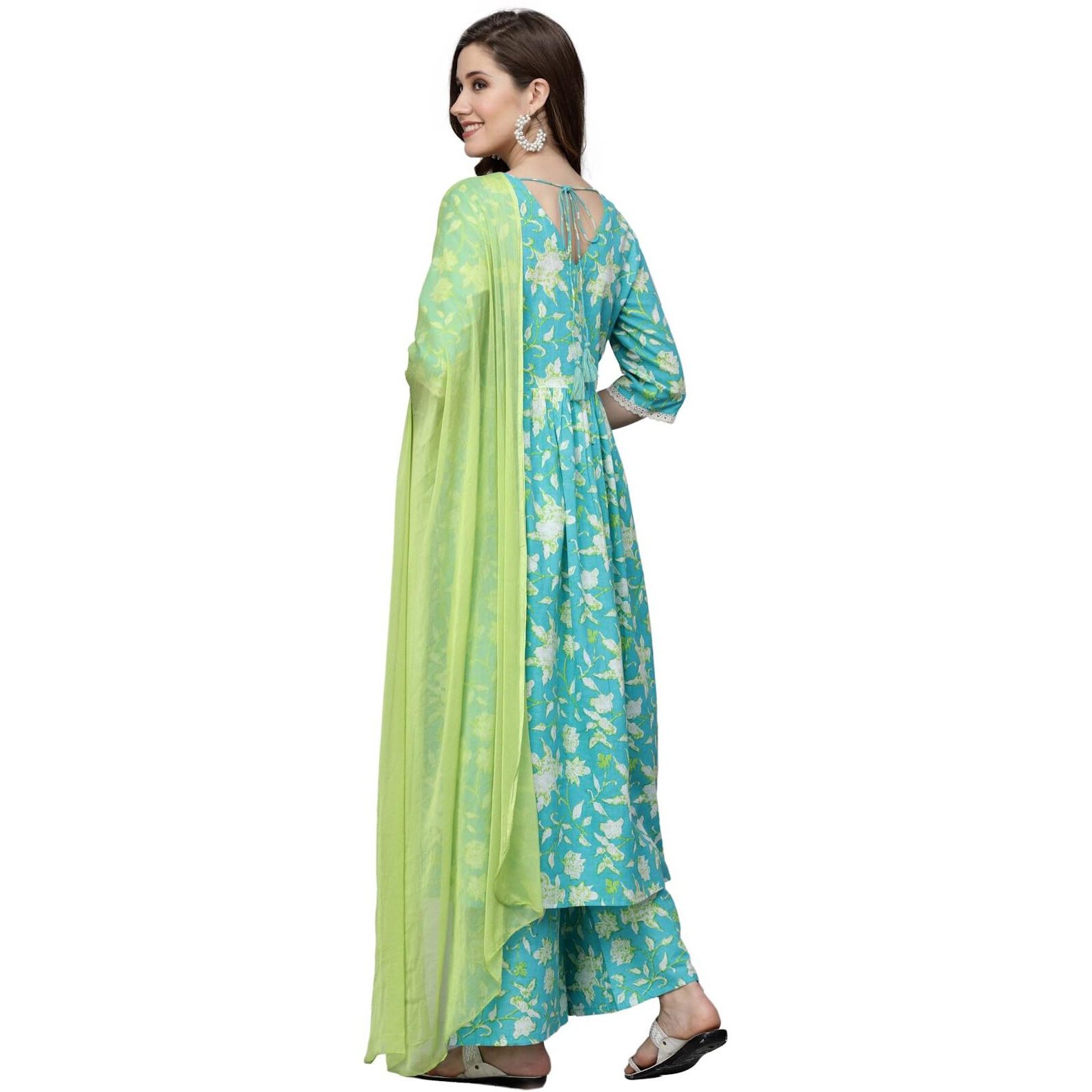 Stylum Women's Floral Printed Cotton Pleated Kurta Palazzo Dupatta Set (KPDZAYLA40_Turquoise Blue, L)