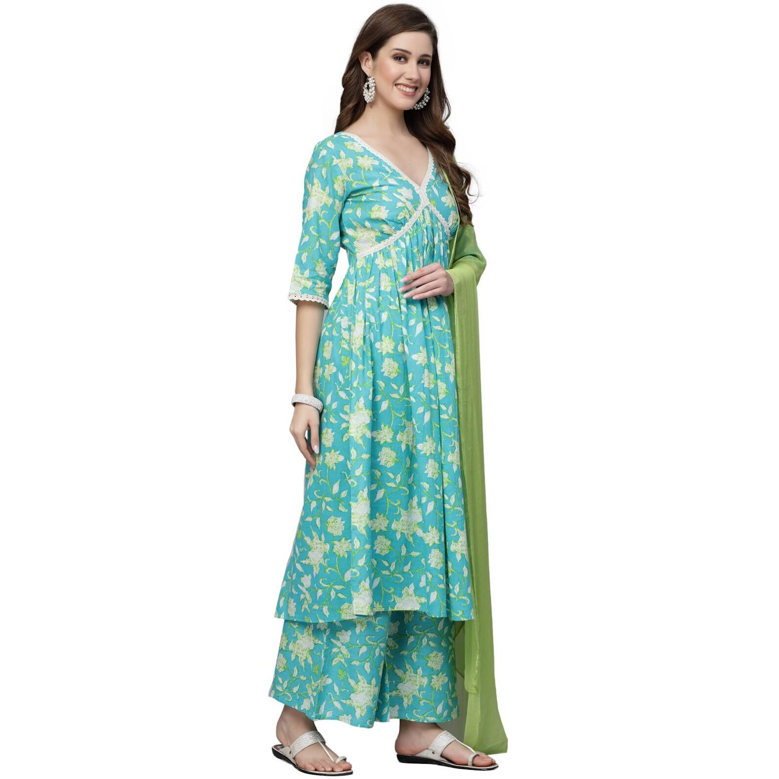 Stylum Women's Floral Printed Cotton Pleated Kurta Palazzo Dupatta Set (KPDZAYLA40_Turquoise Blue, L)