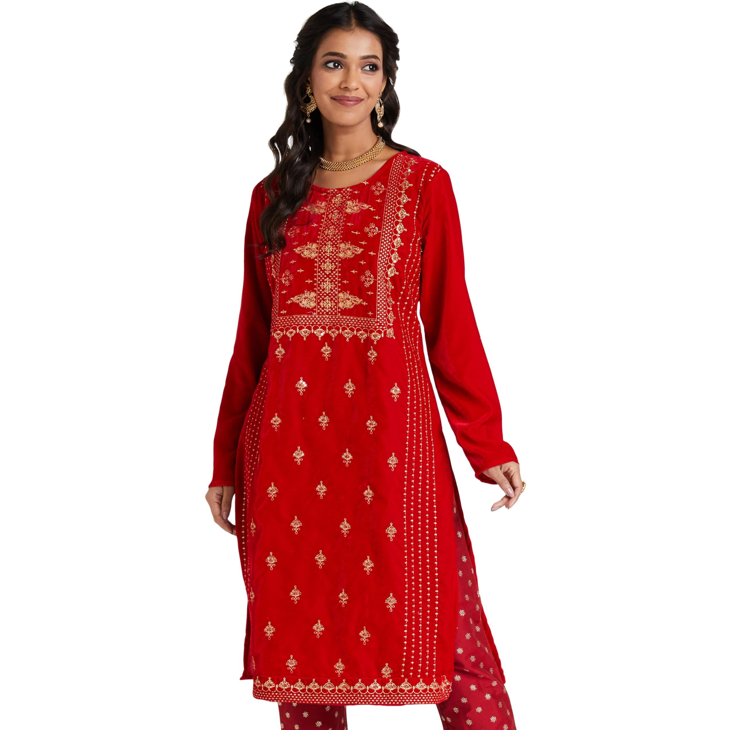 Amazon Brand - Myx Women's Polyester Regular Kurta (AW23-MYX-KB-KU-01_RED JAAL_XL)