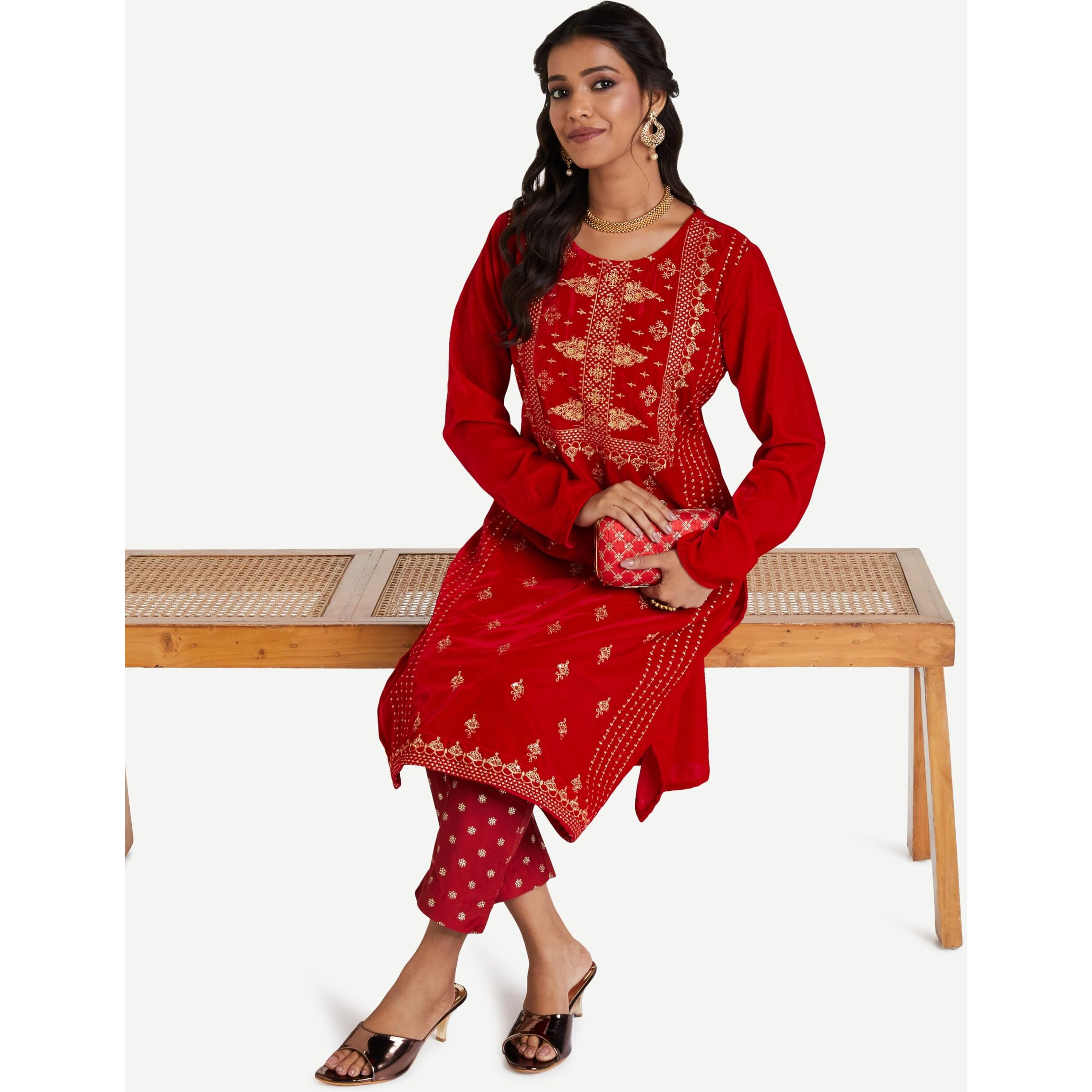 Amazon Brand - Myx Women's Polyester Regular Kurta (AW23-MYX-KB-KU-01_RED JAAL_XL)