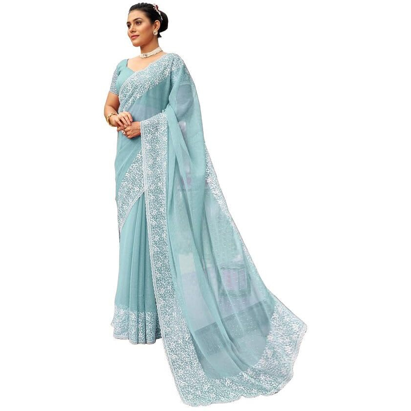 Satrani Women's Chiffon Embroidery & Stone Work Saree with Unstitched Blouse Piece (3352S208N_Light Turquoise)