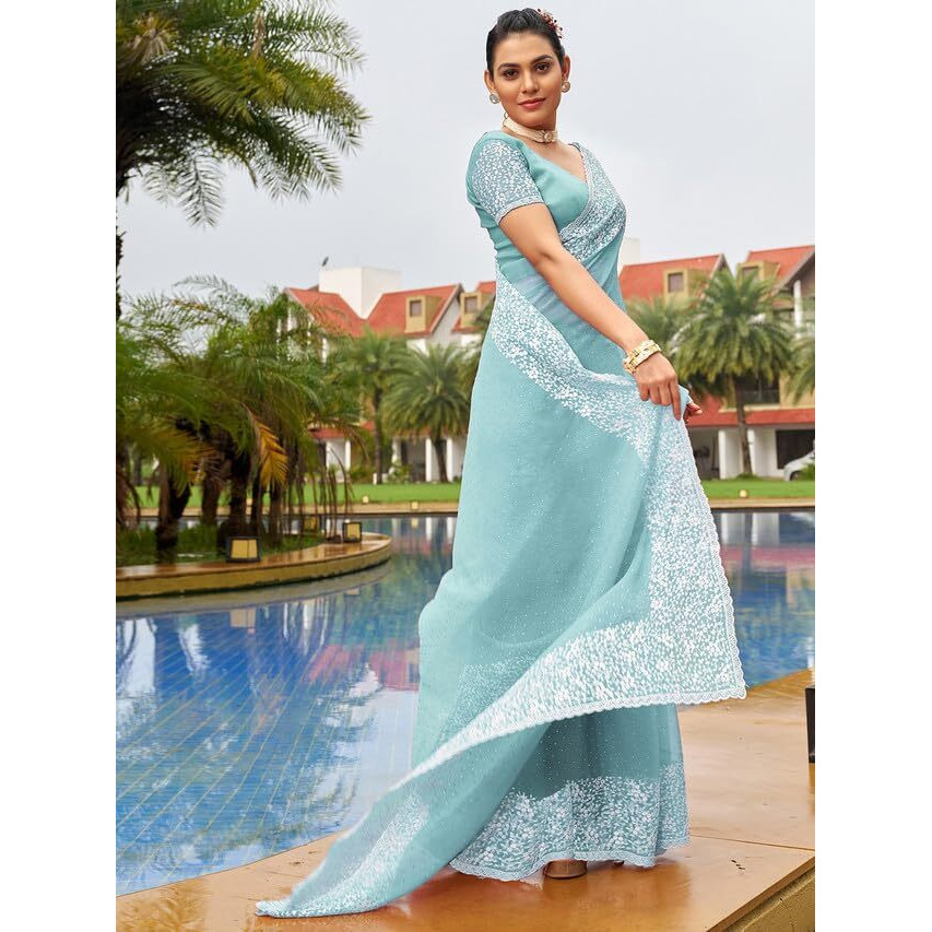Satrani Women's Chiffon Embroidery & Stone Work Saree with Unstitched Blouse Piece (3352S208N_Light Turquoise)