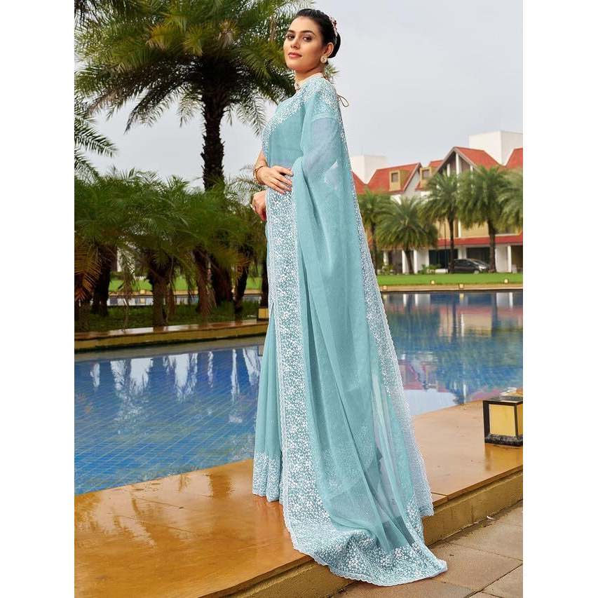 Satrani Women's Chiffon Embroidery & Stone Work Saree with Unstitched Blouse Piece (3352S208N_Light Turquoise)