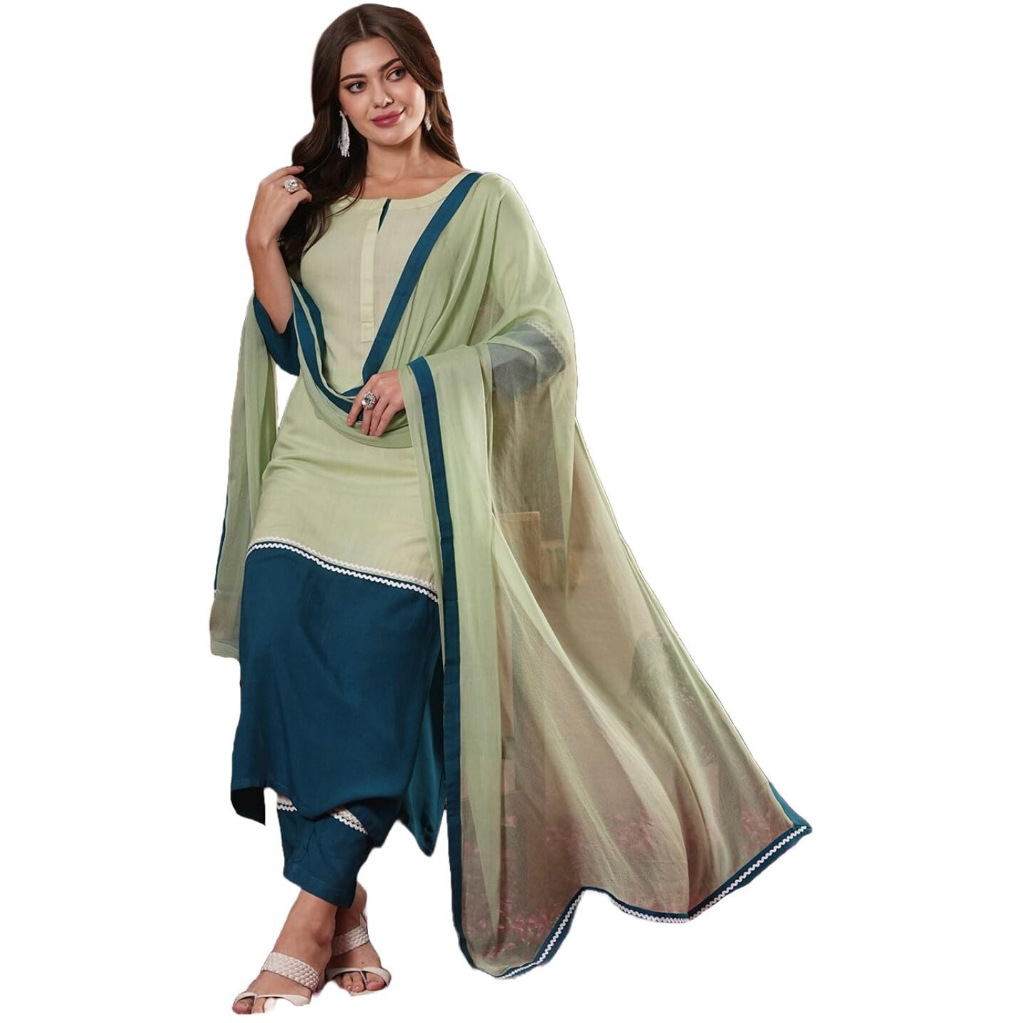 GoSriKi Women's Cotton Blend Straight Solid Kurta with Pant & Dupatta (PANAI Green-GS_L_Green_Large)