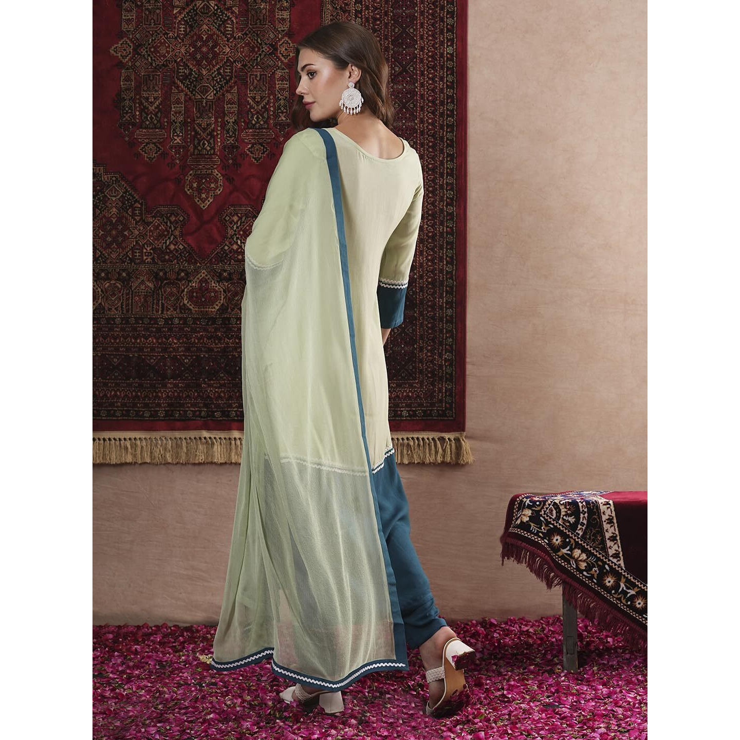 GoSriKi Women's Cotton Blend Straight Solid Kurta with Pant & Dupatta (PANAI Green-GS_L_Green_Large)