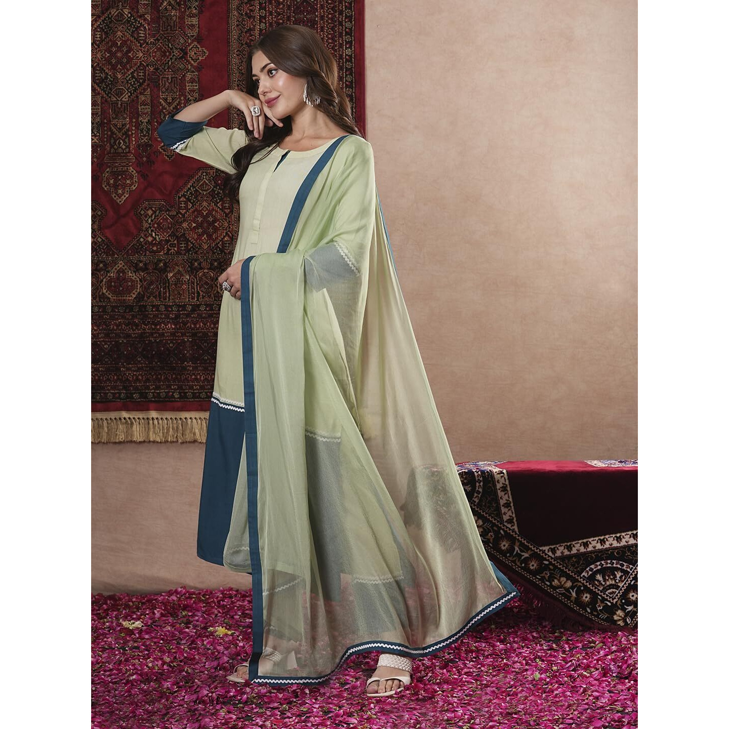 GoSriKi Women's Cotton Blend Straight Solid Kurta with Pant & Dupatta (PANAI Green-GS_L_Green_Large)