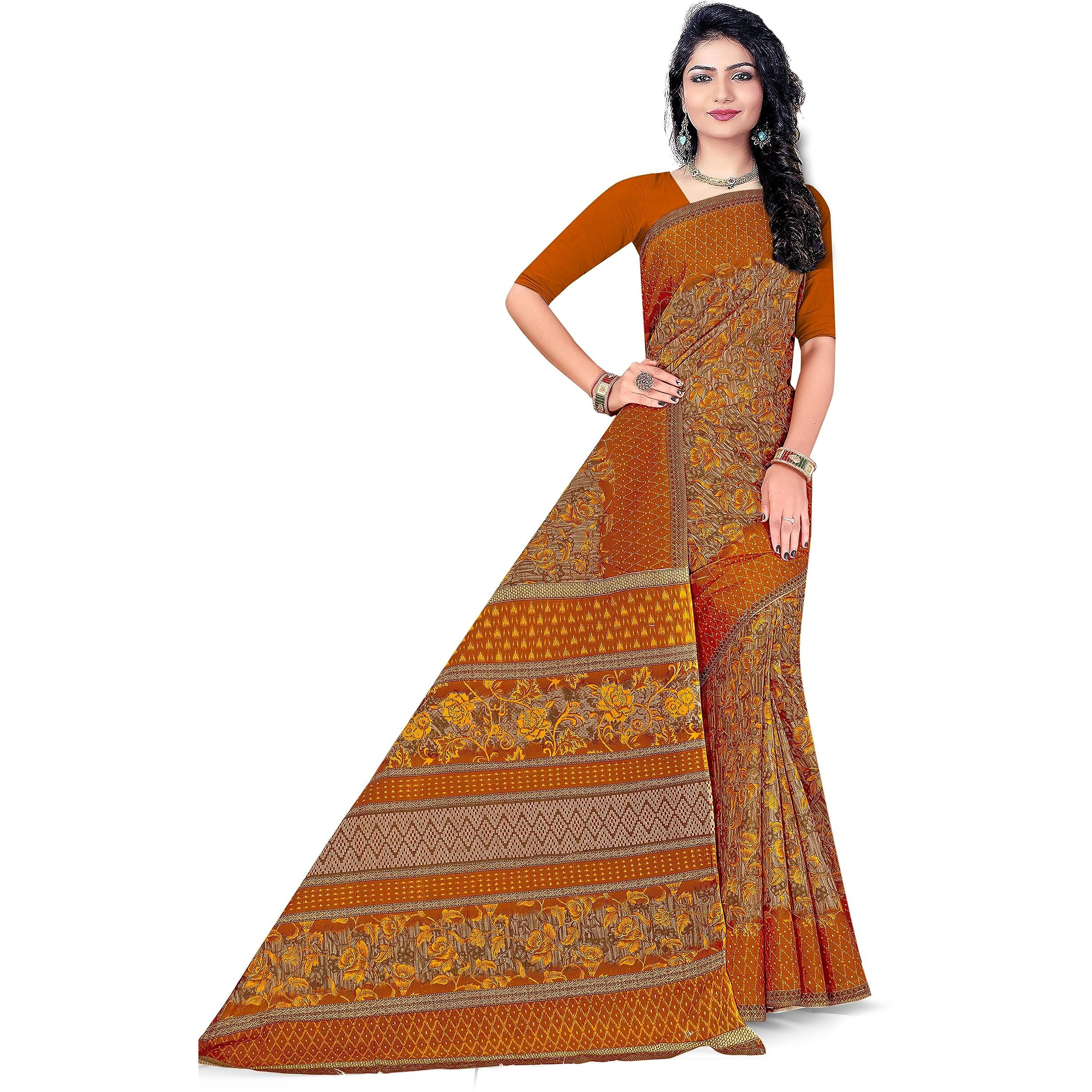 TAMAIRA FASHION Women's Plain Weave Floral Print Pure Cotton Saree Without Blouse Piece(11146_Beige&Mustard)