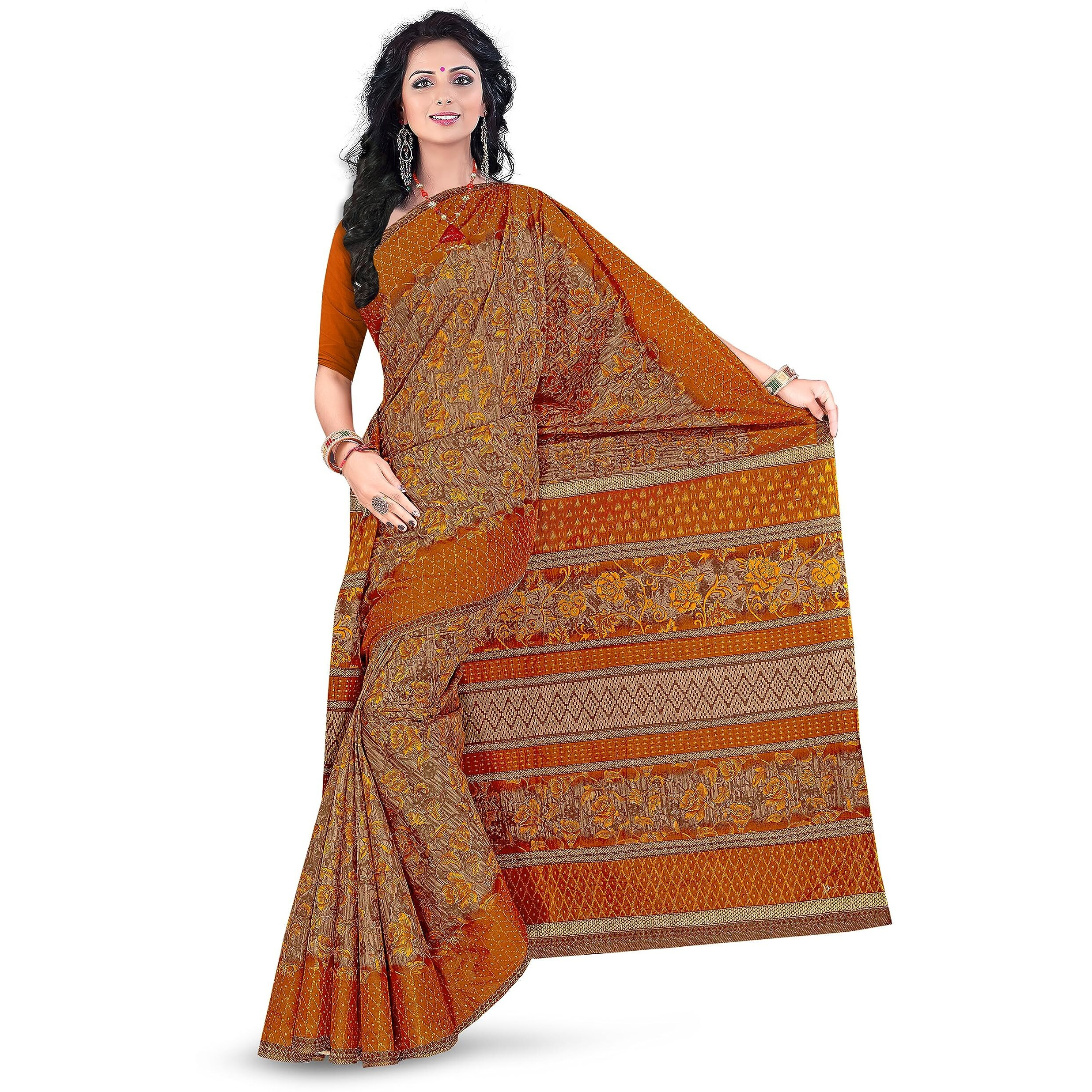 TAMAIRA FASHION Women's Plain Weave Floral Print Pure Cotton Saree Without Blouse Piece(11146_Beige&Mustard)