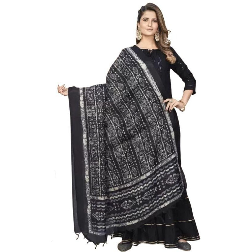 KEMZA Women's Block Printed Cotton Silk Dupatta (Black) with Jaipuri Bagru Print