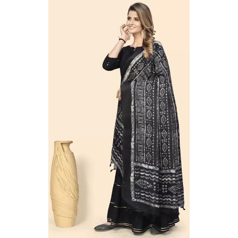 KEMZA Women's Block Printed Cotton Silk Dupatta (Black) with Jaipuri Bagru Print