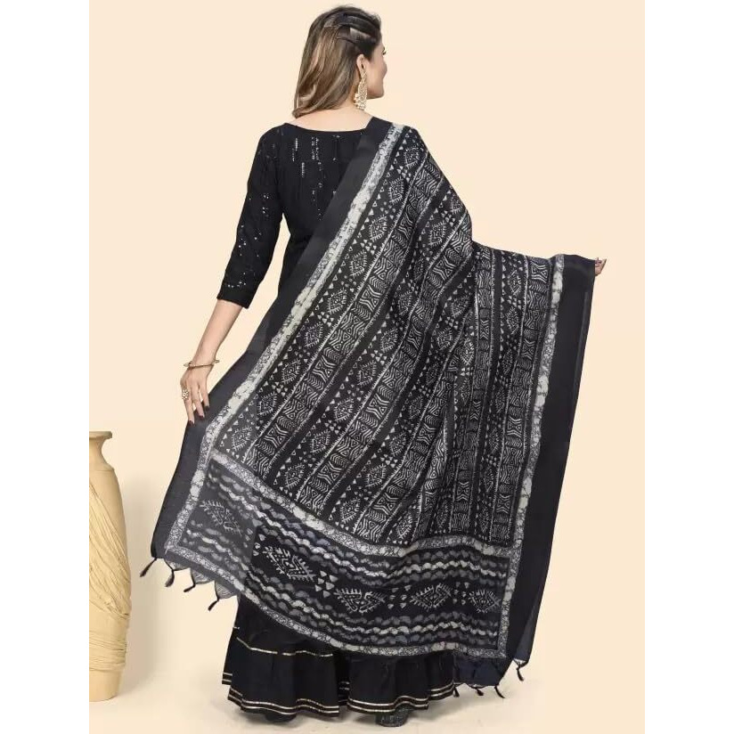 KEMZA Women's Block Printed Cotton Silk Dupatta (Black) with Jaipuri Bagru Print
