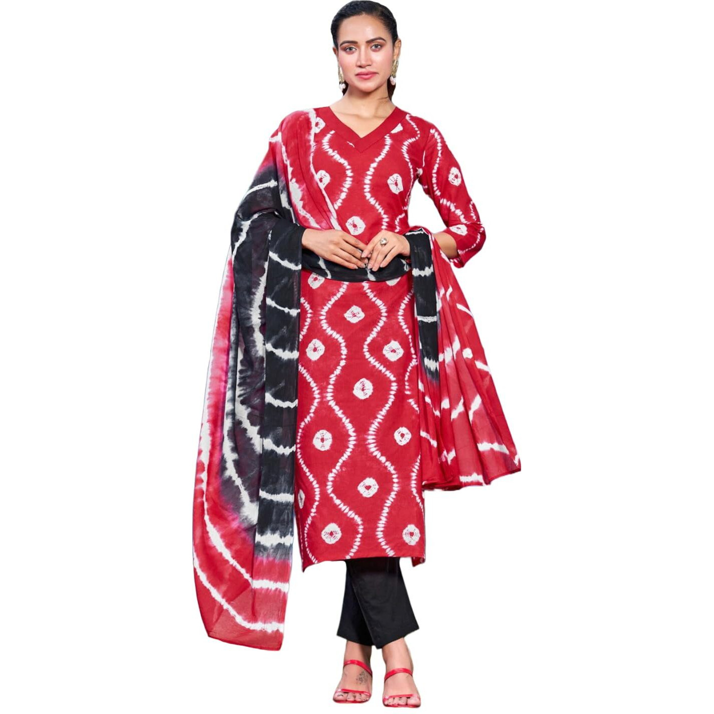 GoSriKi Women's Cotton Blend Straight Printed Kurta with Pant & Dupatta (Mayavi Red-NRW-GS_S_Red_Small)