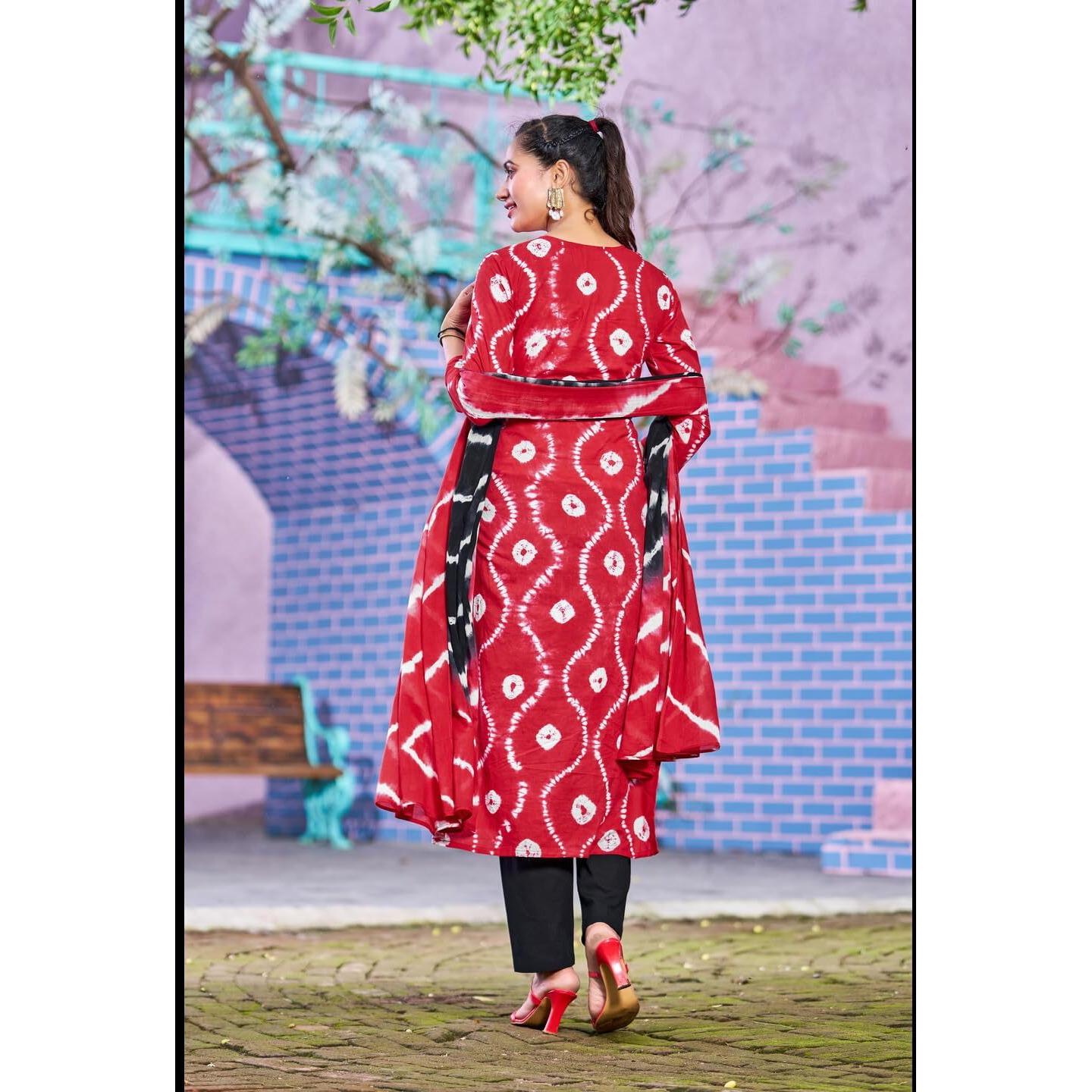 GoSriKi Women's Cotton Blend Straight Printed Kurta with Pant & Dupatta (Mayavi Red-NRW-GS_S_Red_Small)