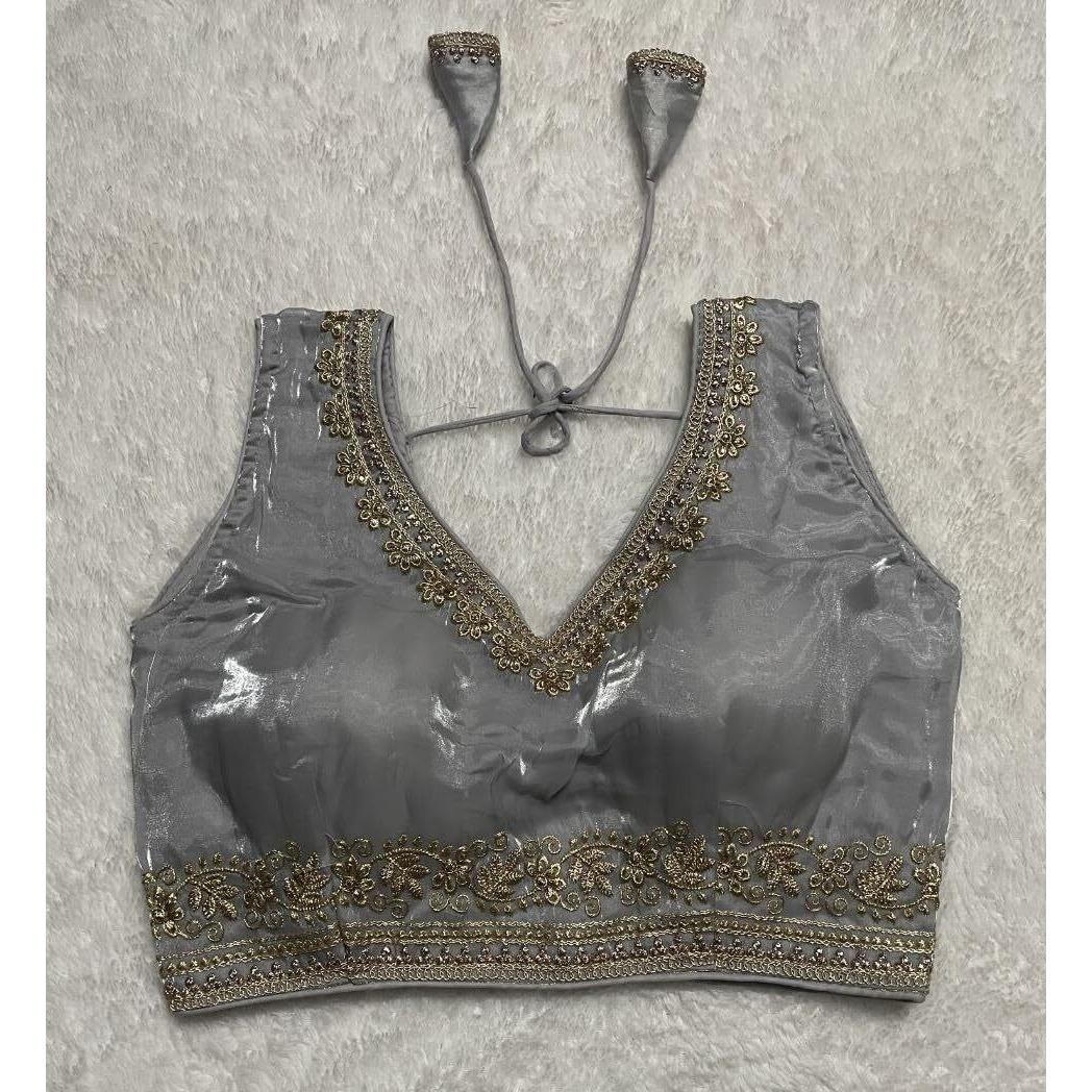 Vihu Fashion Women's Readymade Sleeveless blouseIndian Ethnic Designer Blouse Jimmy Choo Fabric Embroidered V Neck Blouse Back Hook Open Saree Fancy Blouse (Silver, 34)