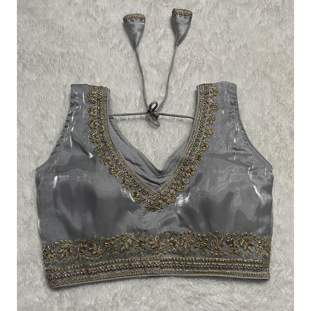 Vihu Fashion Women's Readymade Sleeveless blouseIndian Ethnic Designer Blouse Jimmy Choo Fabric Embroidered V Neck Blouse Back Hook Open Saree Fancy Blouse (Silver, 34)