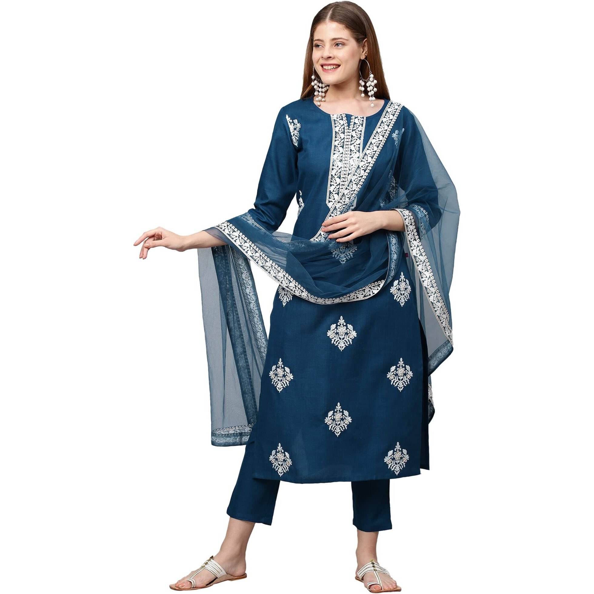 ANNI DESIGNER Women's Cotton Blend Straight Embroidered Kurta with Pant & Dupatta (Weekend Rama-New_XXL_Rama_XX-Large)