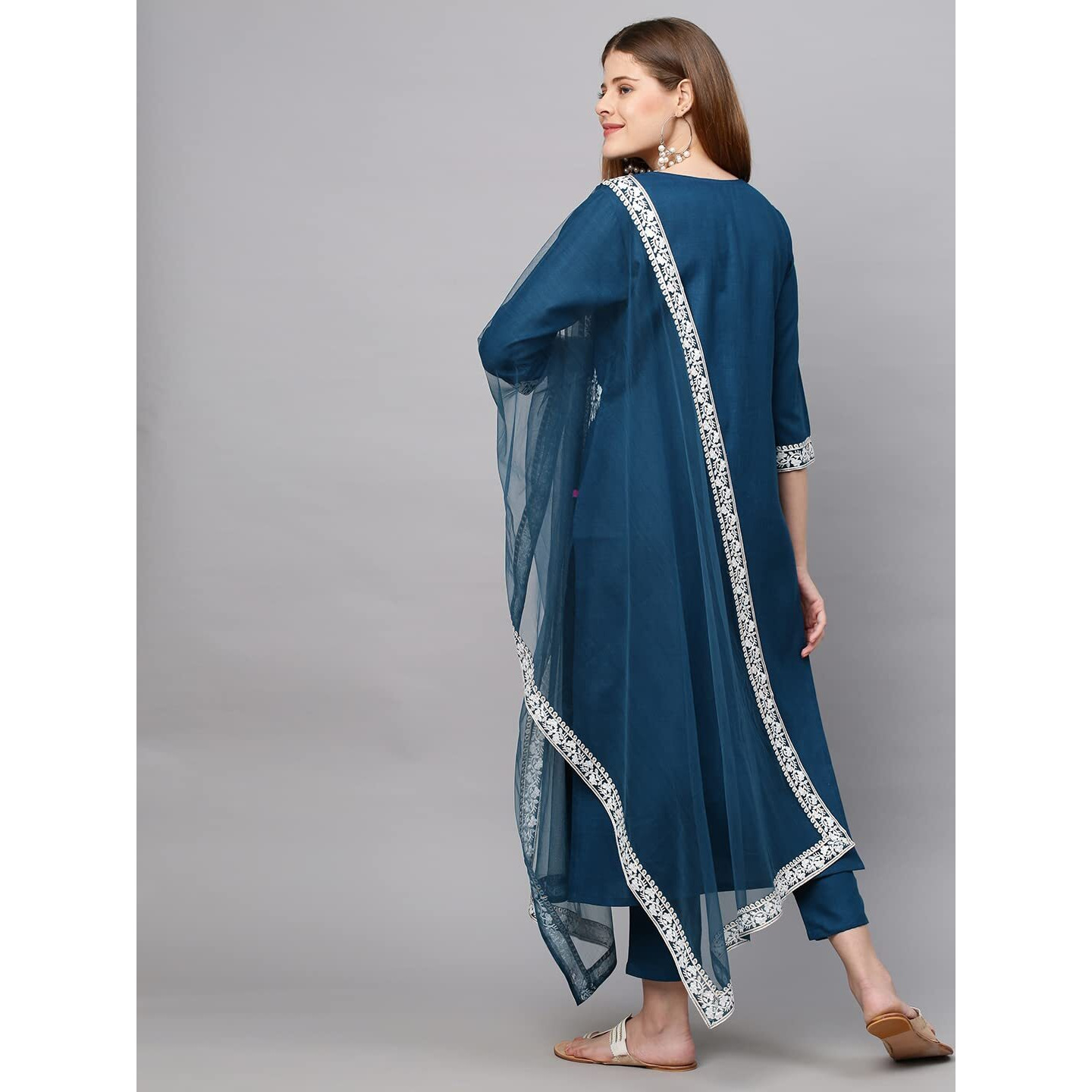 ANNI DESIGNER Women's Cotton Blend Straight Embroidered Kurta with Pant & Dupatta (Weekend Rama-New_XXL_Rama_XX-Large)