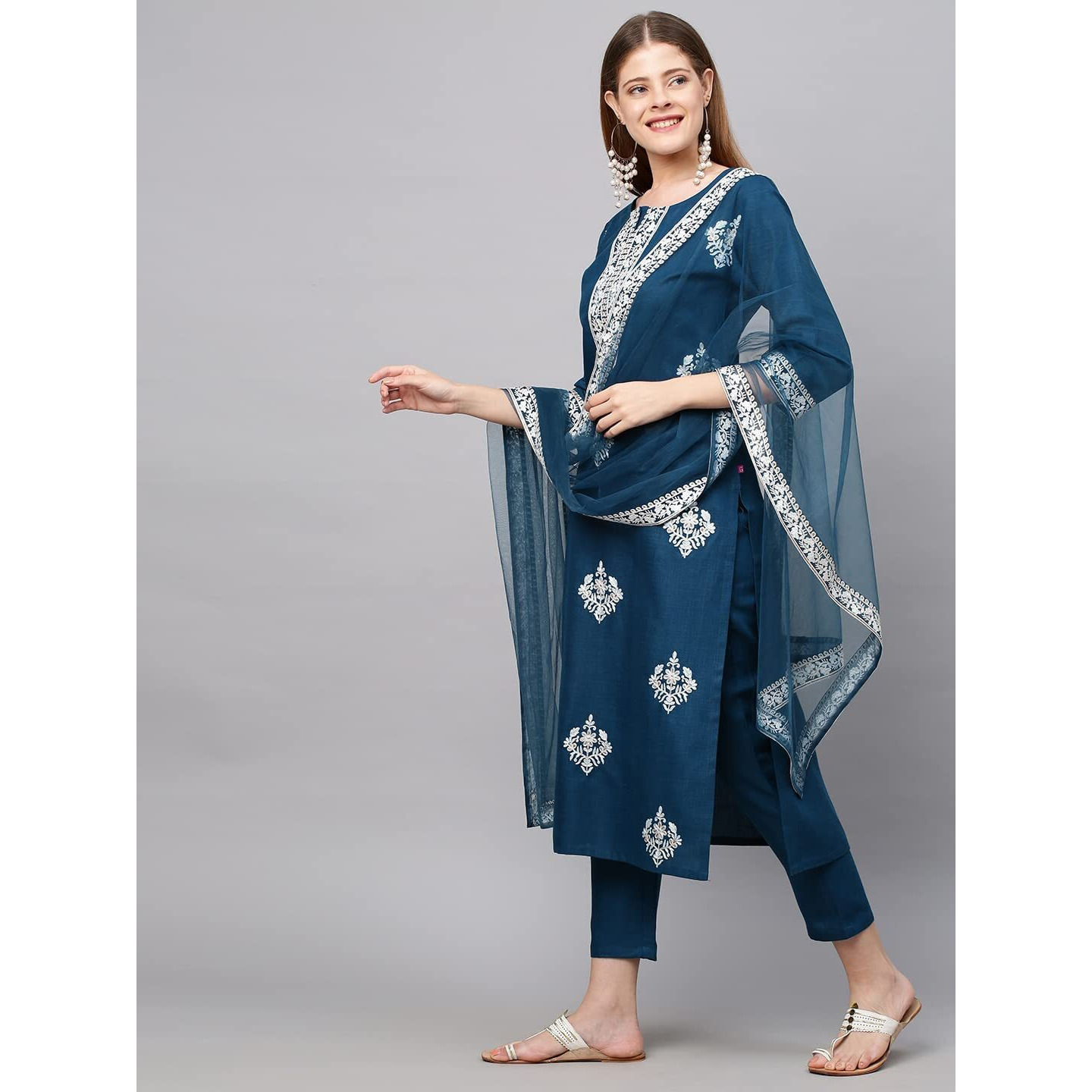 ANNI DESIGNER Women's Cotton Blend Straight Embroidered Kurta with Pant & Dupatta (Weekend Rama-New_XXL_Rama_XX-Large)