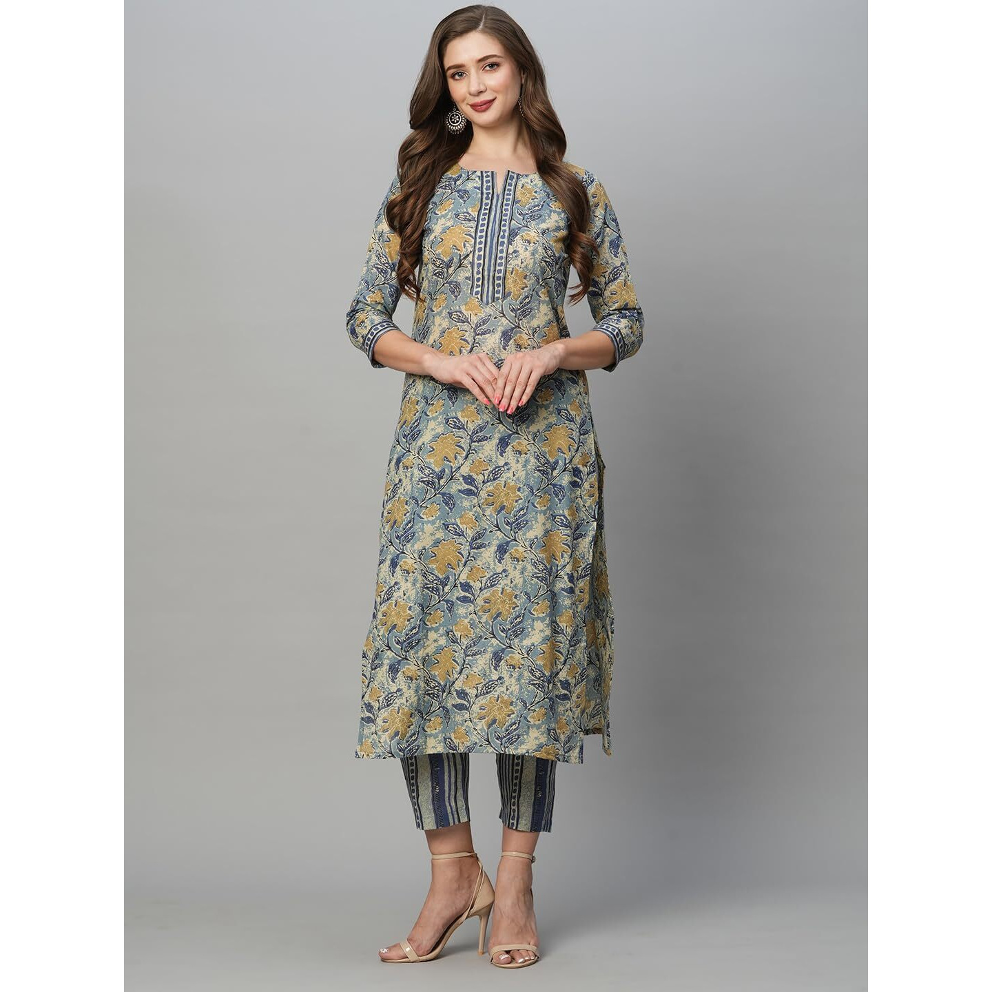 ANNI DESIGNER Women's Cotton Blend Straight Printed Kurta with Pant Set (Prachi Blue_3XL_Blue_XXX-Large)