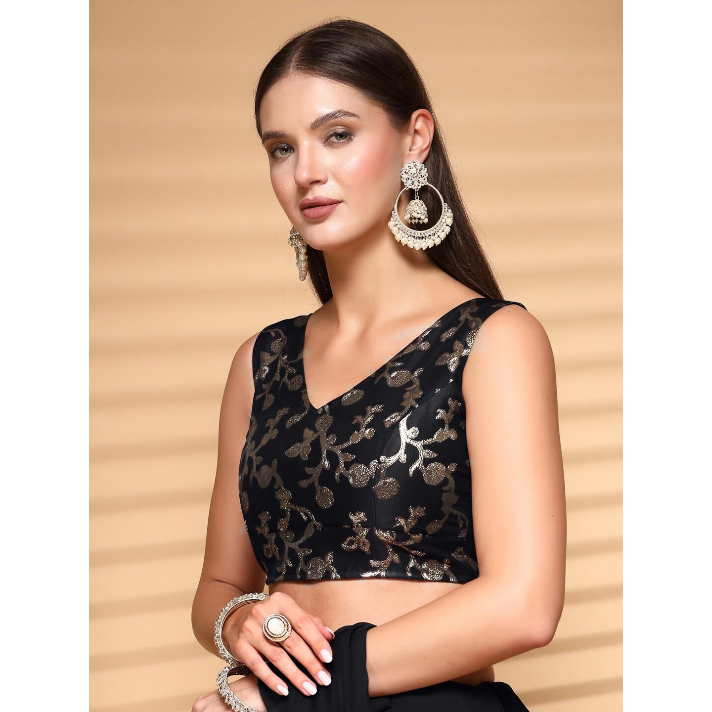 OOMPH Readymade Blouse for Women, Brocade, Sleeveless, V-Neck, rbbl693