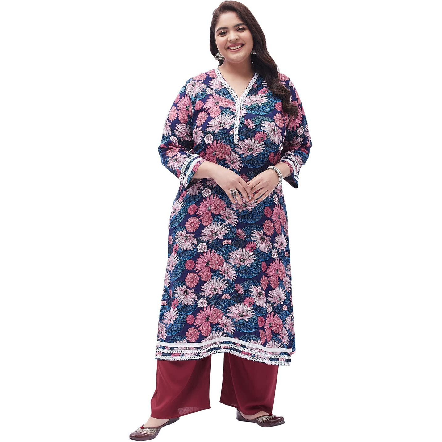 Tissu Women's Plus Size Blue & Pink Printed Kurta with Palazzo (T-Plus-636_Blue_5XL)