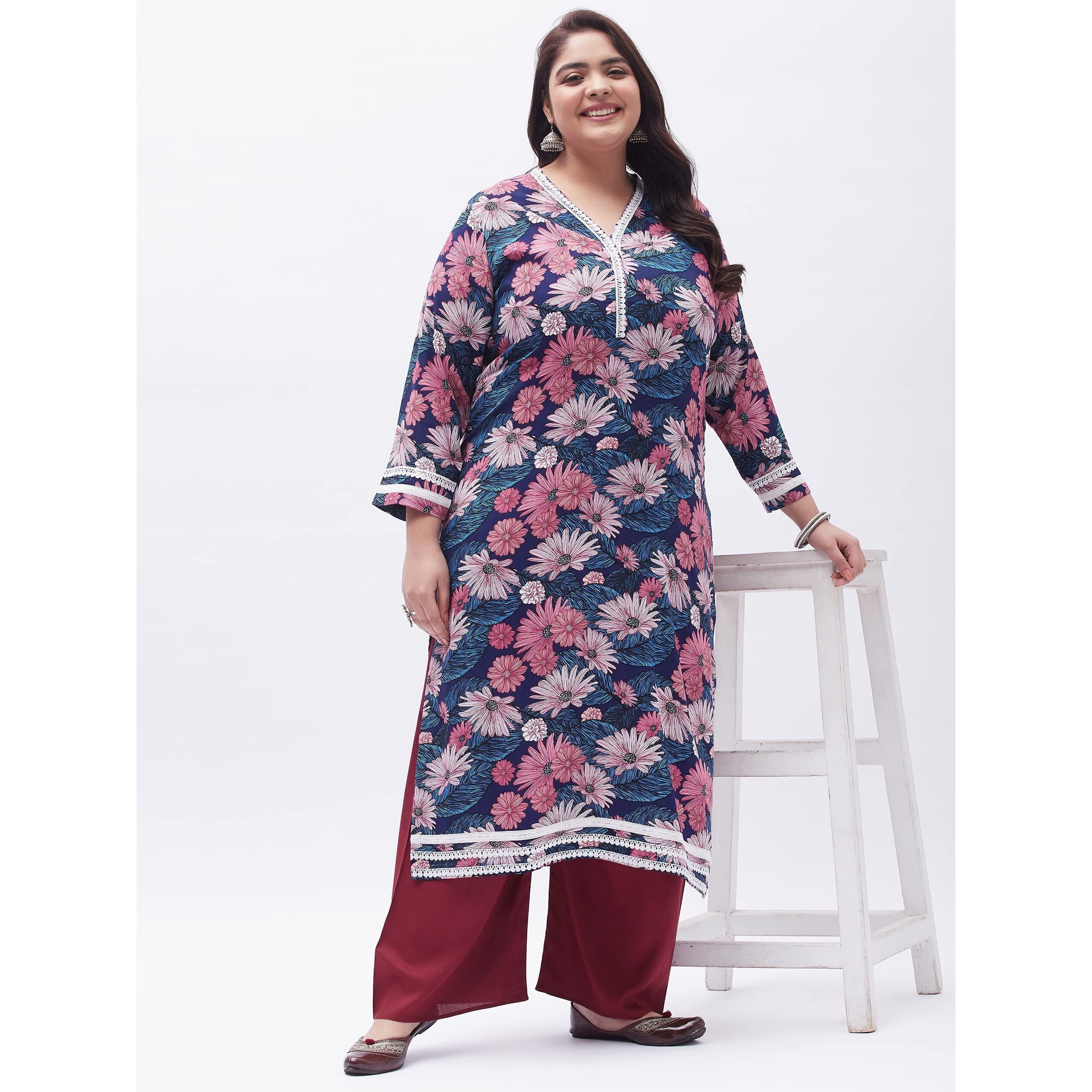 Tissu Women's Plus Size Blue & Pink Printed Kurta with Palazzo (T-Plus-636_Blue_5XL)