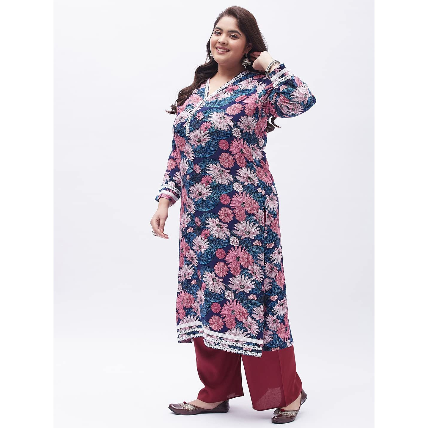Tissu Women's Plus Size Blue & Pink Printed Kurta with Palazzo (T-Plus-636_Blue_5XL)