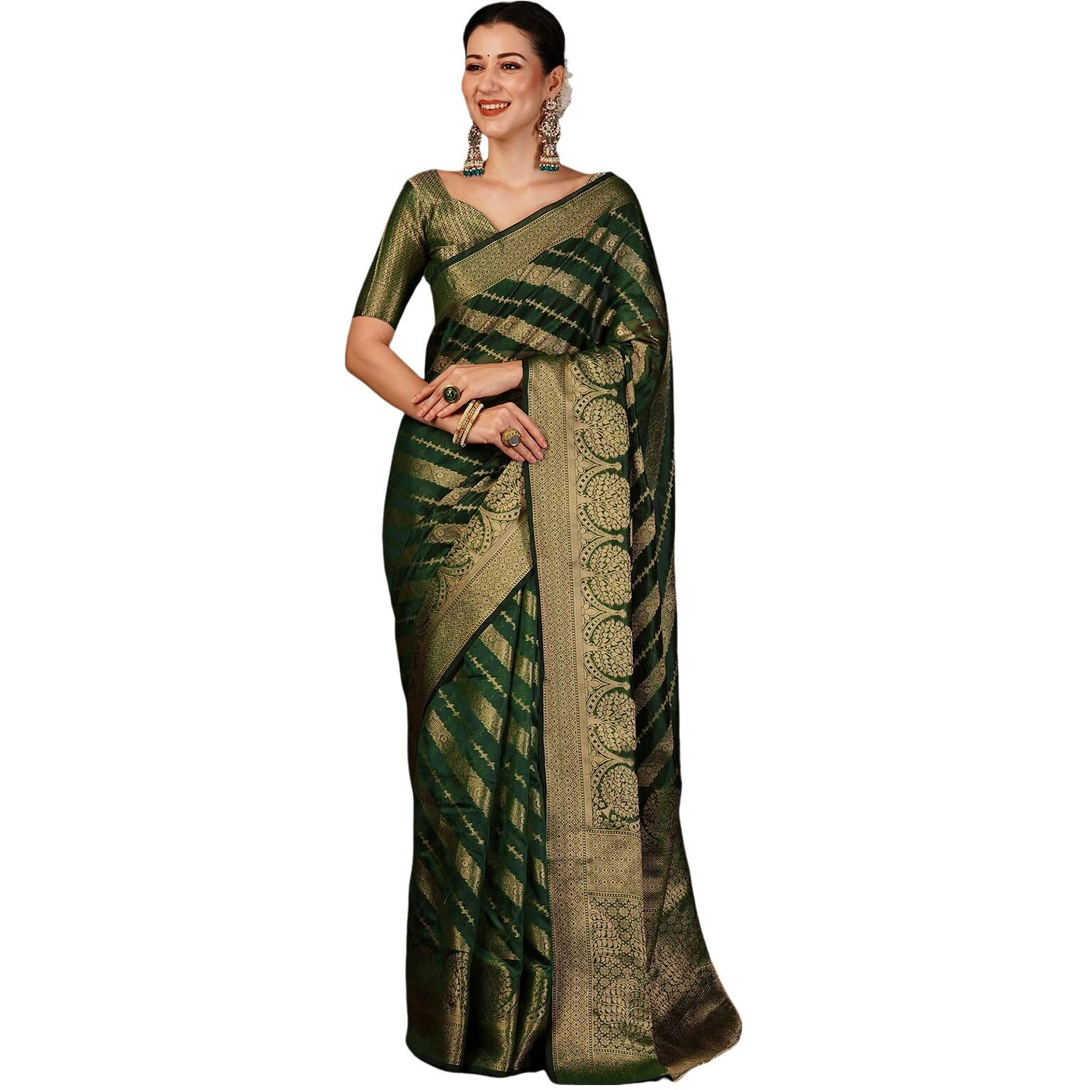 Satrani Women's Banarasi Jacquard Kanjivaram Silk Blend Saree with Unstitched Blouse Piece (3749S473N_Dark Green & Golden1)