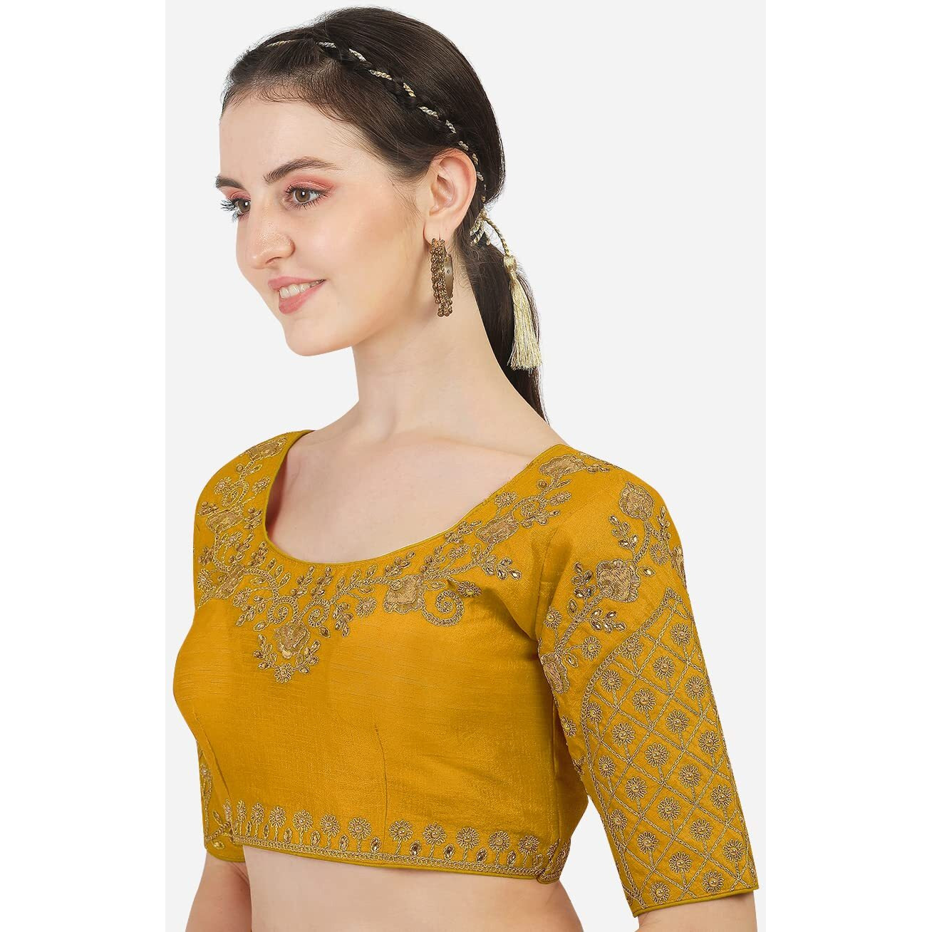 Vihu Fashion Women's Silk Floral Sleeveless Blouse (Florall Blouse Variant vf_Yellow_38)