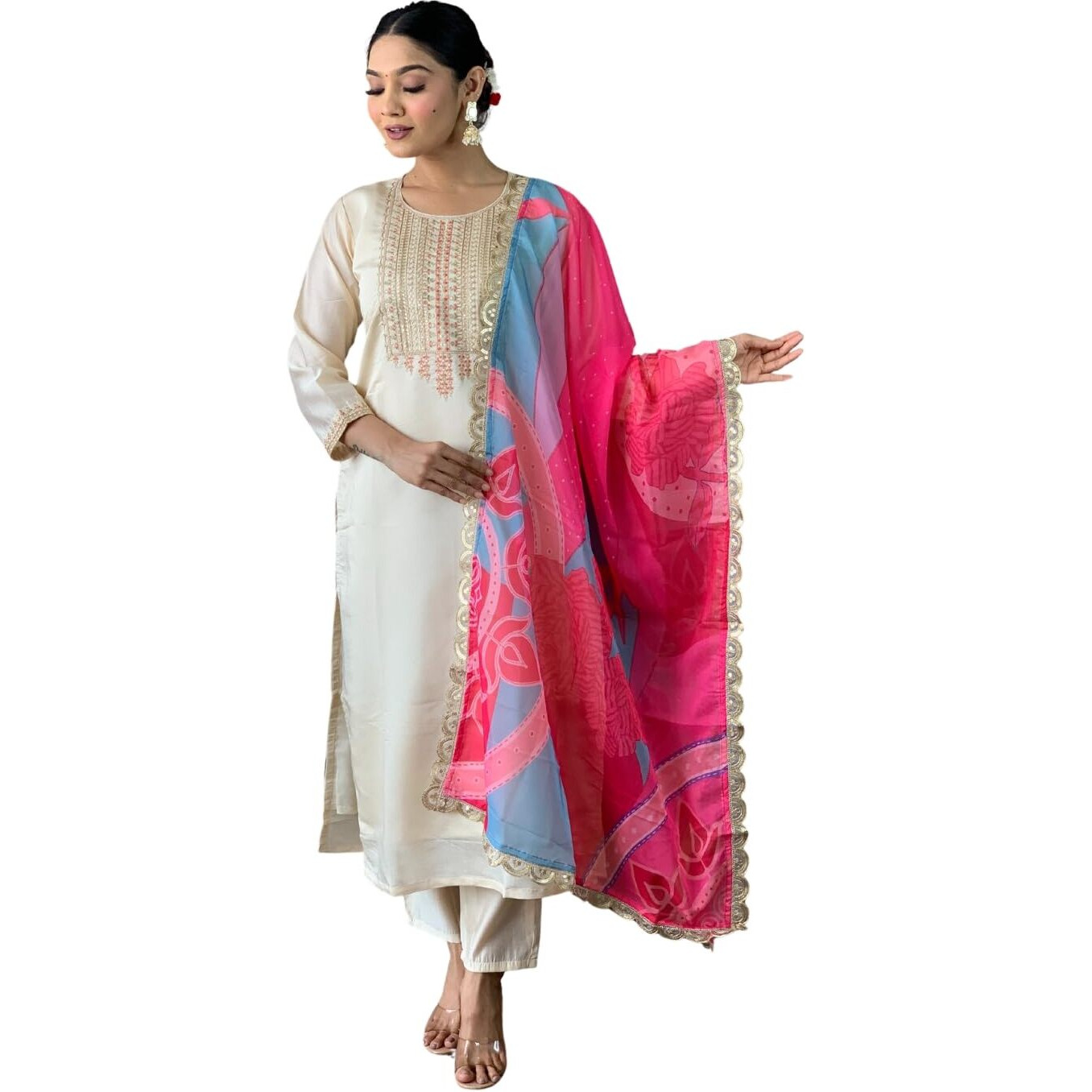 Naixa Women's Cream Viscose Silk Embroidered Straight Kurta with Viscose Silk Pant and Organza Printed Dupatta Sets (NX-S-Nargis-Cream-S)