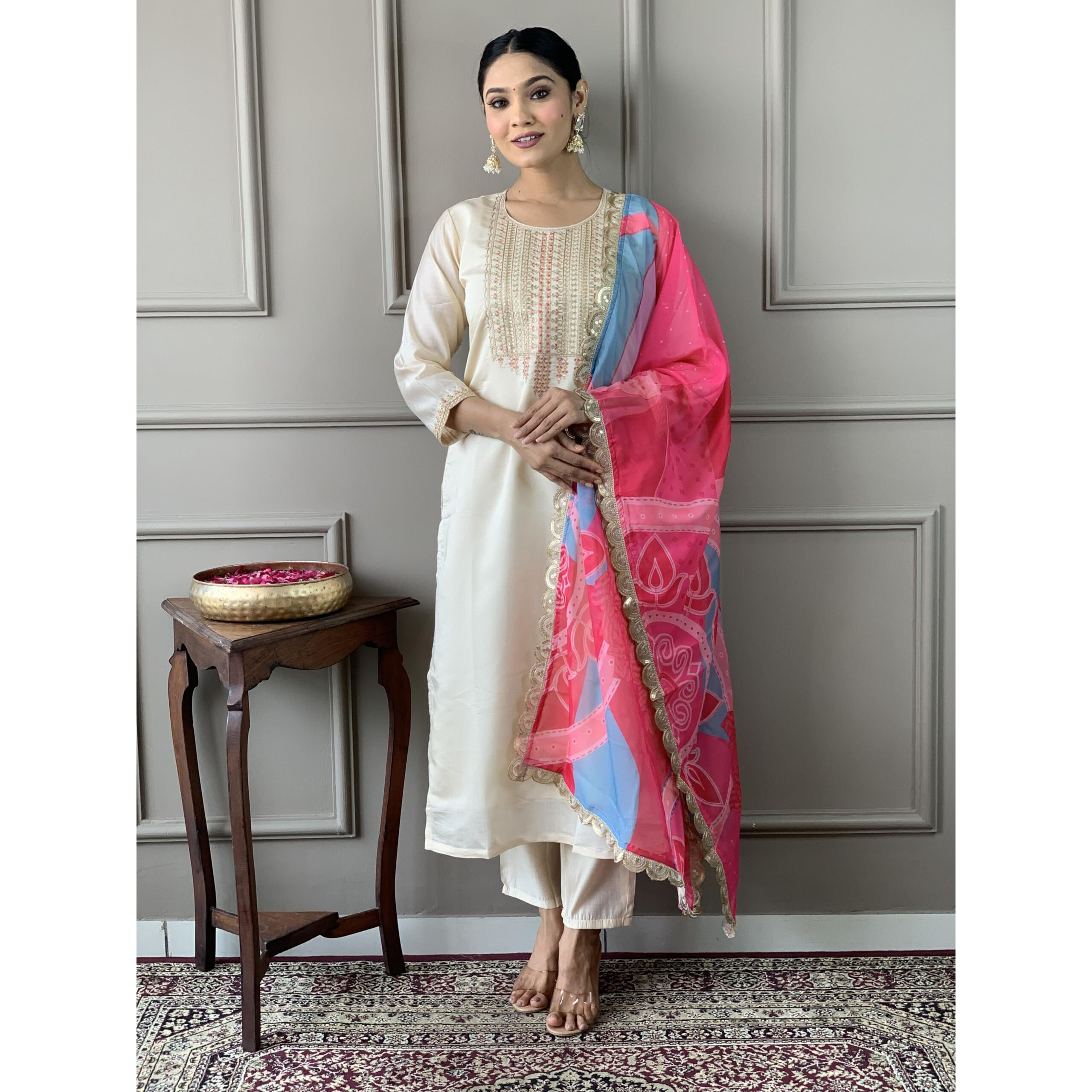 Naixa Women's Cream Viscose Silk Embroidered Straight Kurta with Viscose Silk Pant and Organza Printed Dupatta Sets (NX-S-Nargis-Cream-S)
