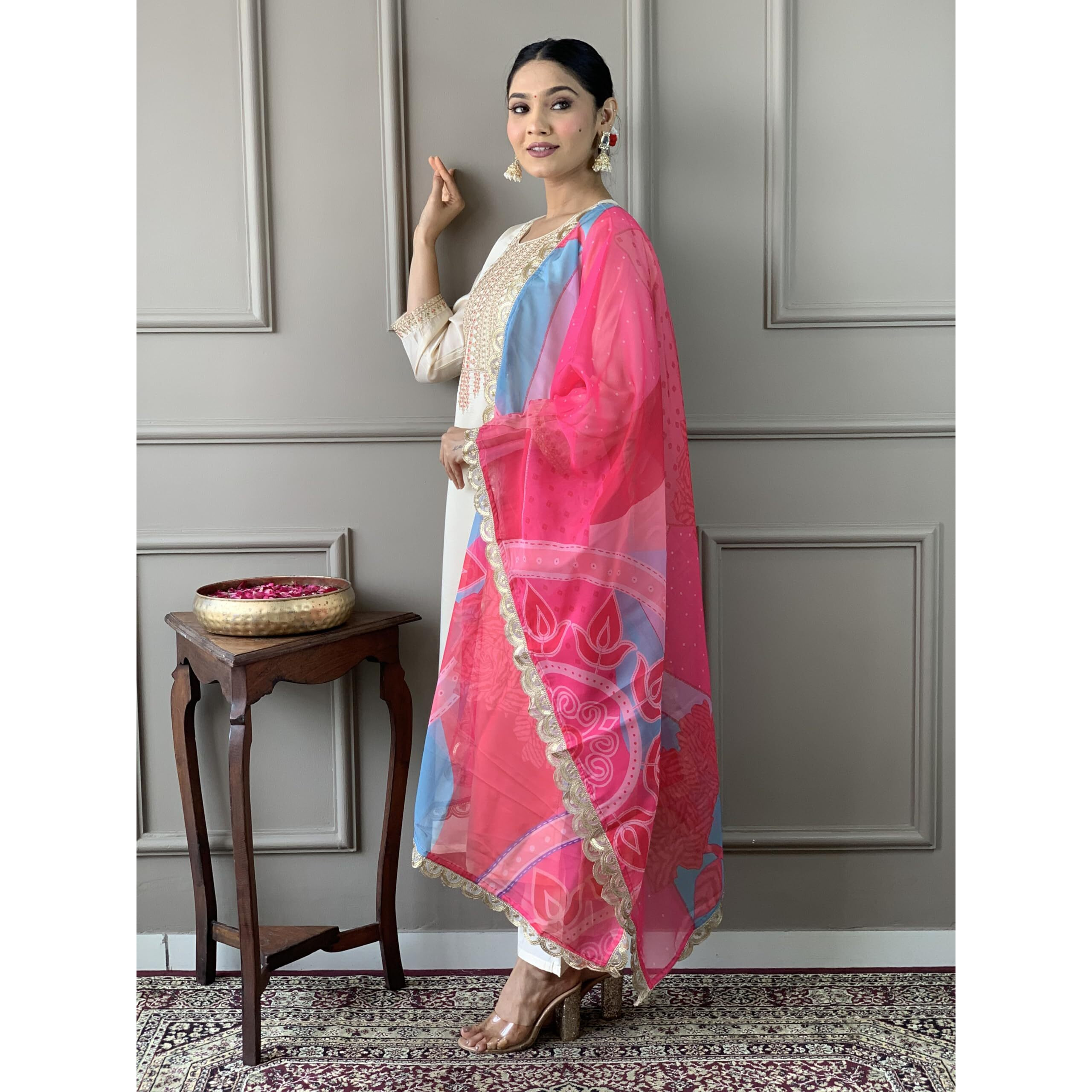 Naixa Women's Cream Viscose Silk Embroidered Straight Kurta with Viscose Silk Pant and Organza Printed Dupatta Sets (NX-S-Nargis-Cream-S)