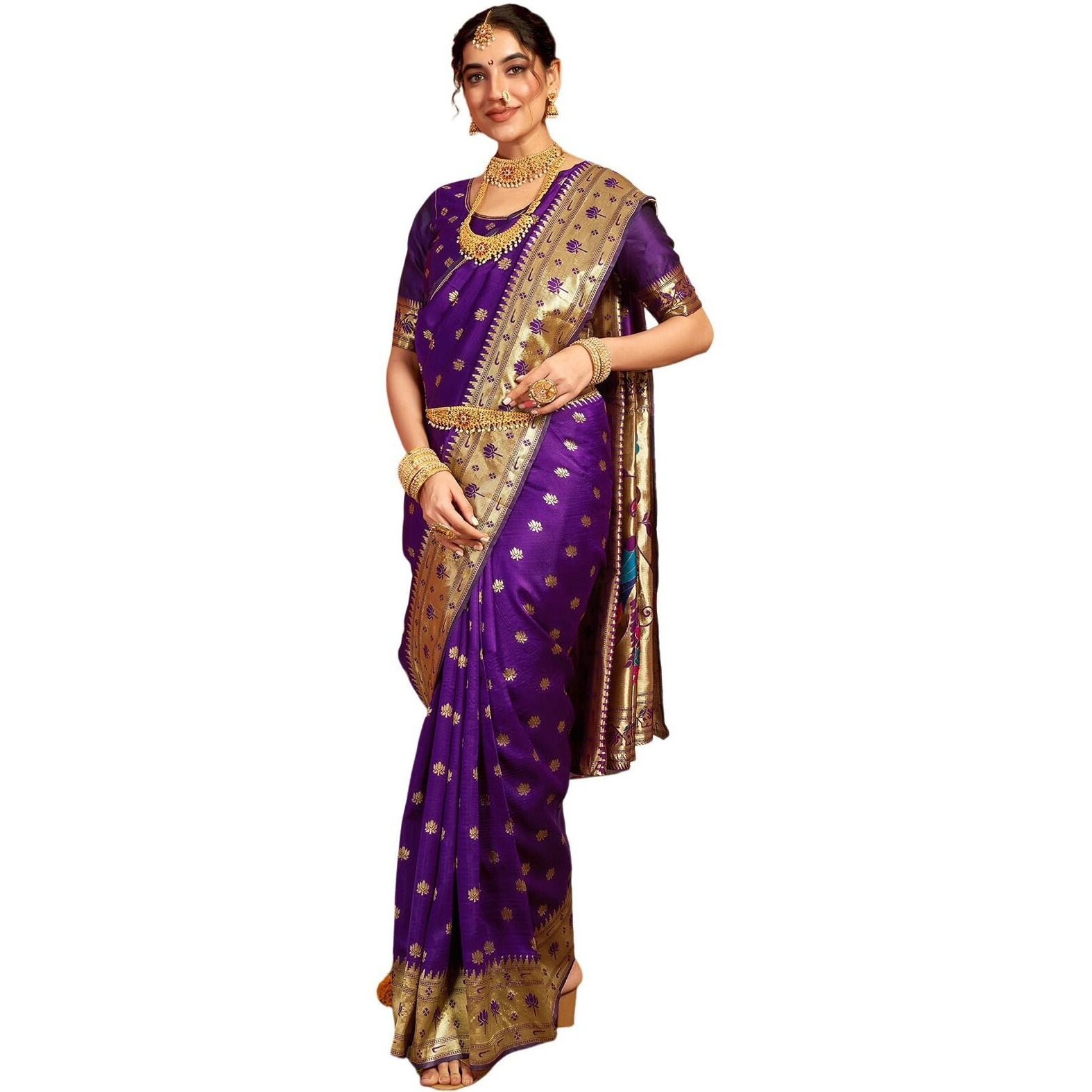 Satrani Women's Silk Paithani Jacquard Weaving Saree with Unstitched Blouse Piece (4046S6298N_Dark Purple)