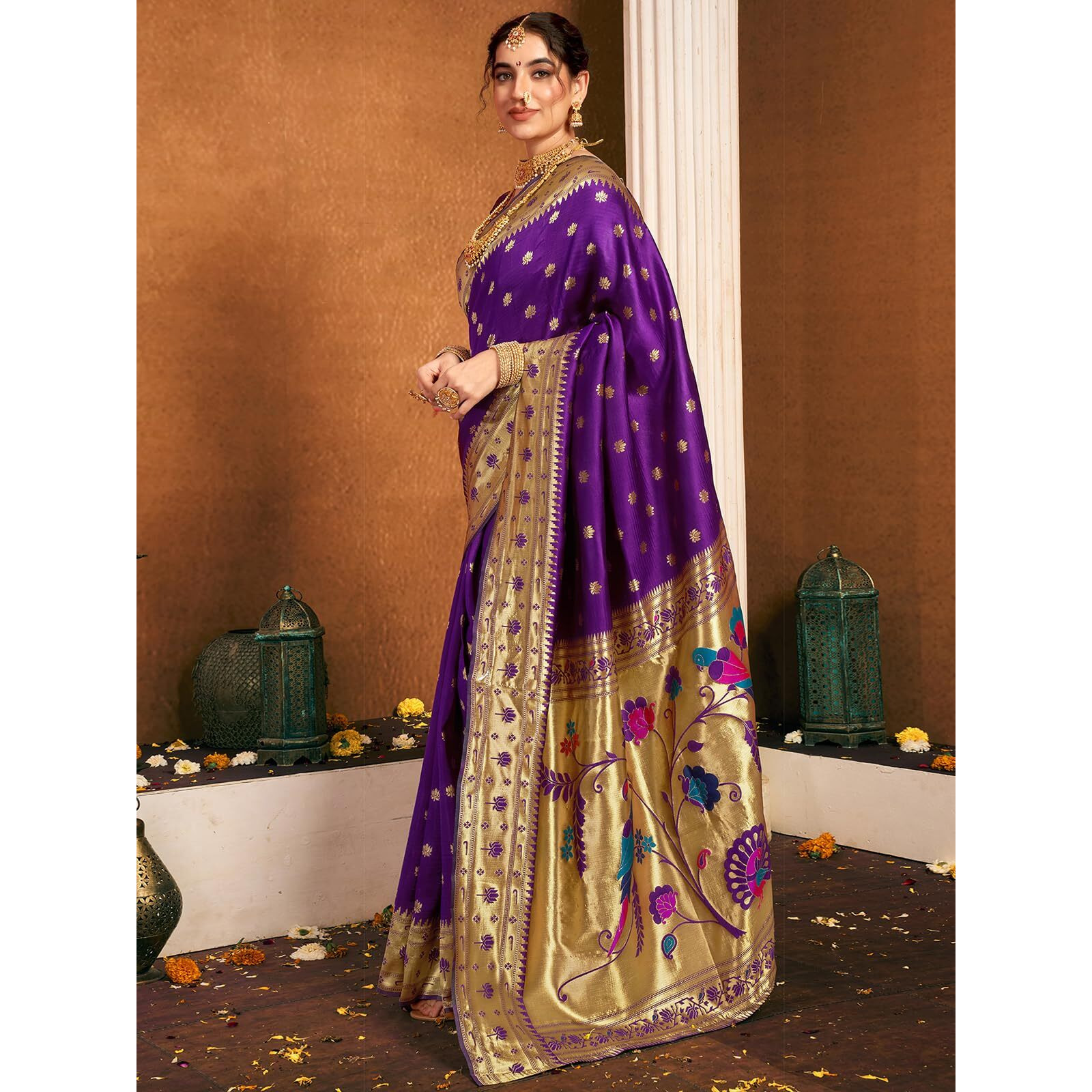 Satrani Women's Silk Paithani Jacquard Weaving Saree with Unstitched Blouse Piece (4046S6298N_Dark Purple)