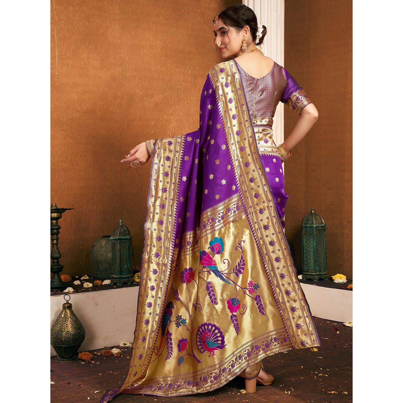 Satrani Women's Silk Paithani Jacquard Weaving Saree with Unstitched Blouse Piece (4046S6298N_Dark Purple)