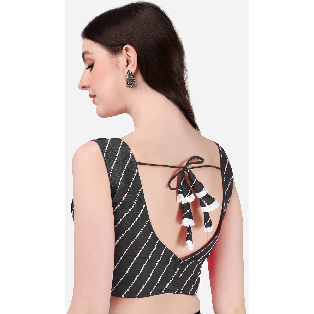 Pujia Mills Women's Silk Solid Sleeveless Blouse (Leheriya Blouse Variation_Black_36)