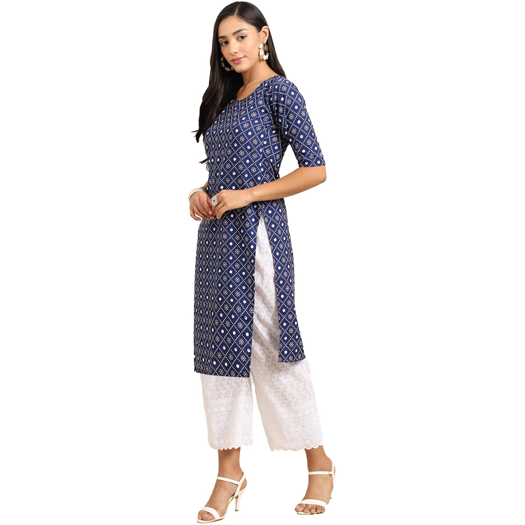 Pinkmint Women's Crepe Blue Color Ethnic Motif Printed Straight Kurti (RI-530353-L)