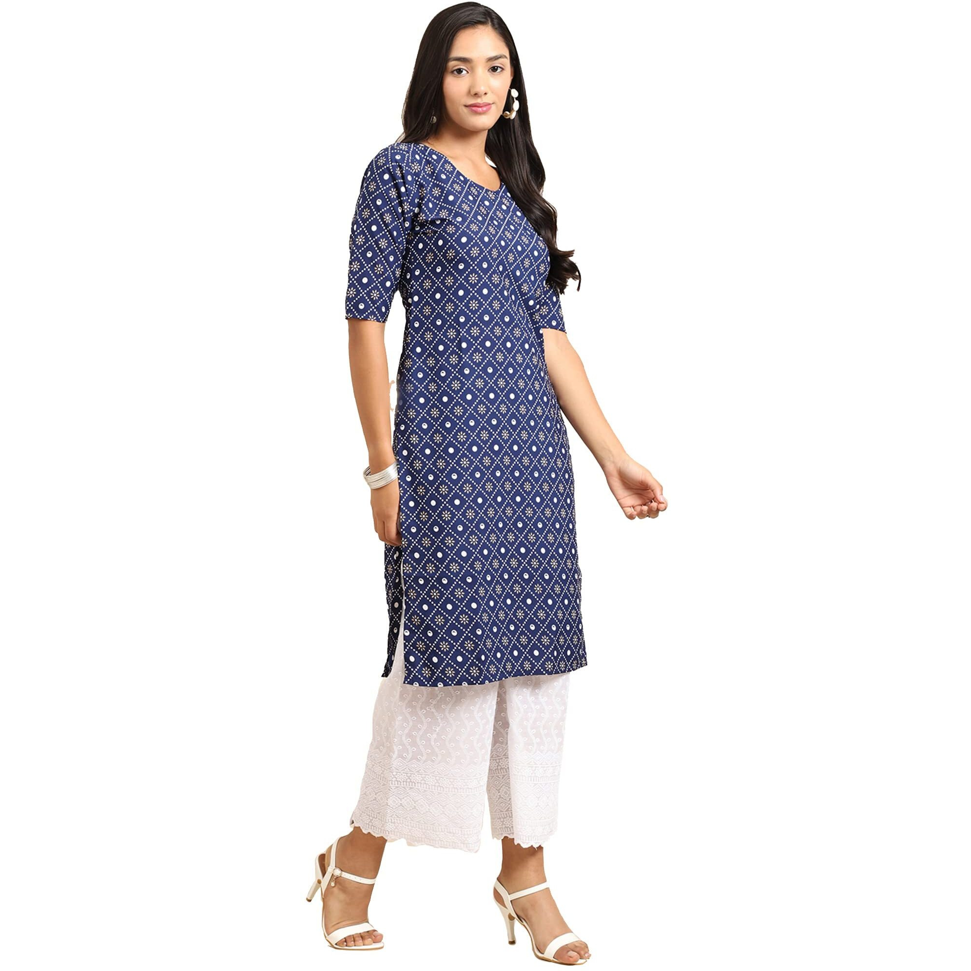 Pinkmint Women's Crepe Blue Color Ethnic Motif Printed Straight Kurti (RI-530353-L)