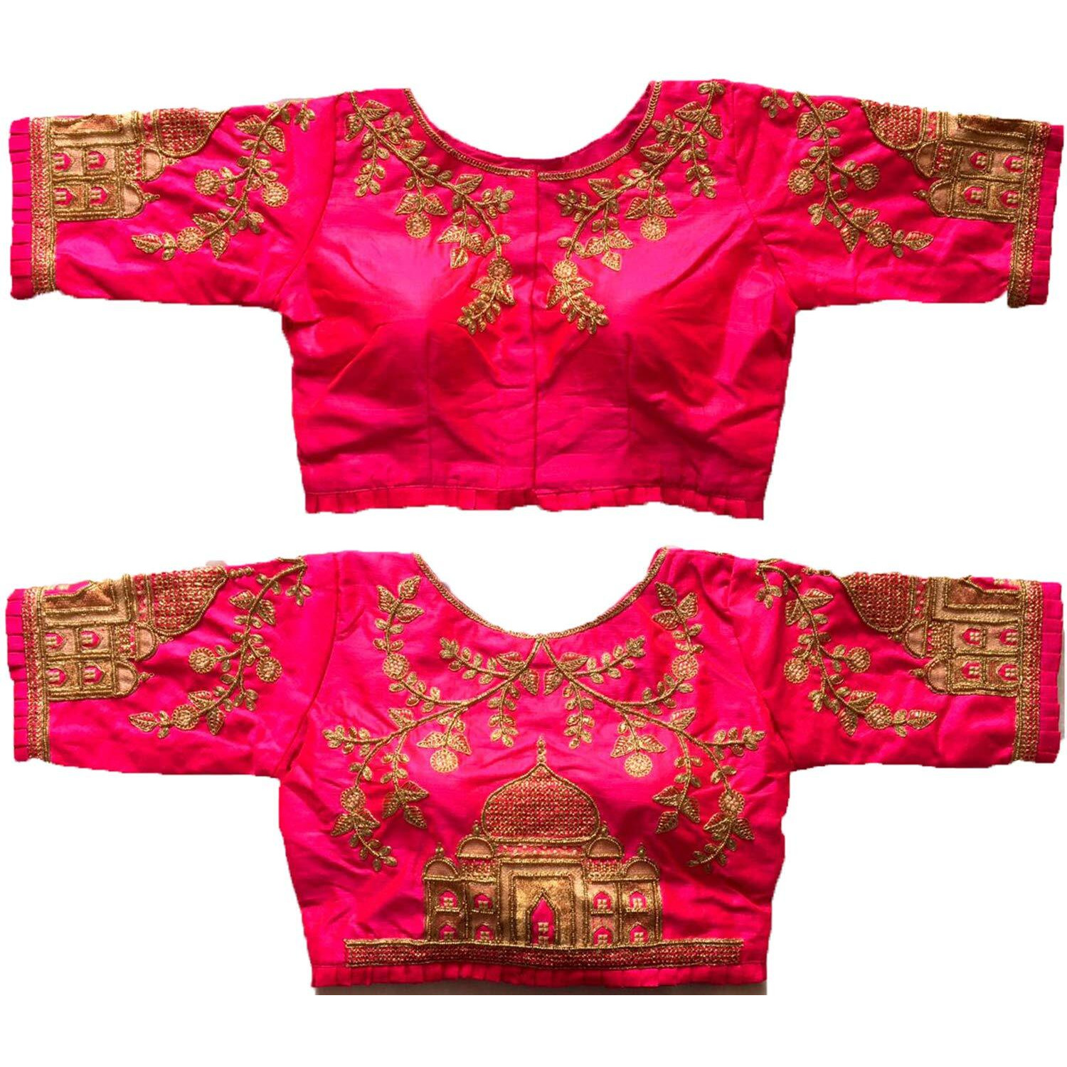 Pujia Mills Women's Multicolor Heavy Hand Embroidery Taj Mahal Design Work Khatli Work Phantom Silk Readymade Saree Half Sleeve Blouse (Mum taj Blouse_ Pink 38)
