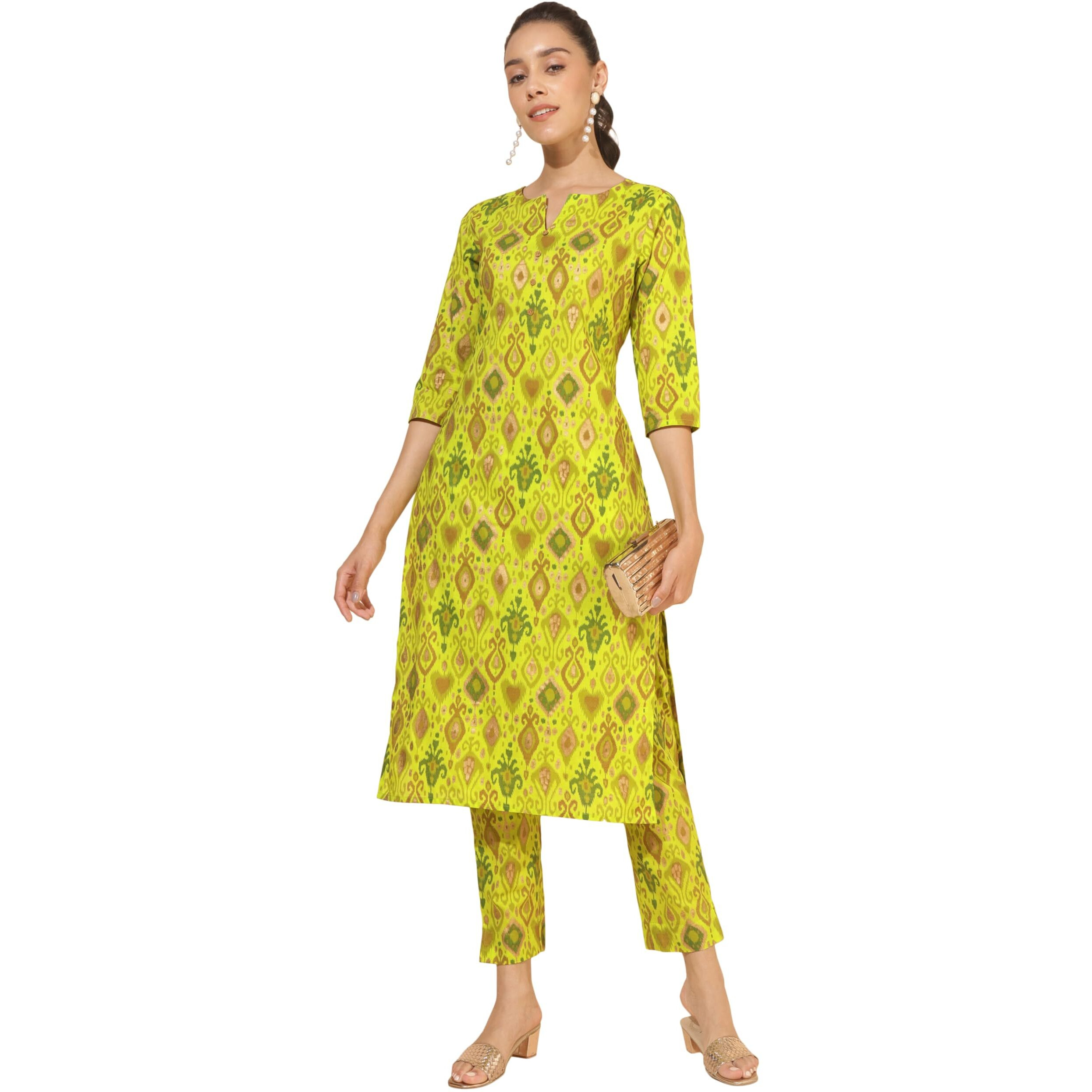 Janasya Women's Lime Green Cotton Ikat Printed Co-ord Set(SET901-KR-NP-XXL)
