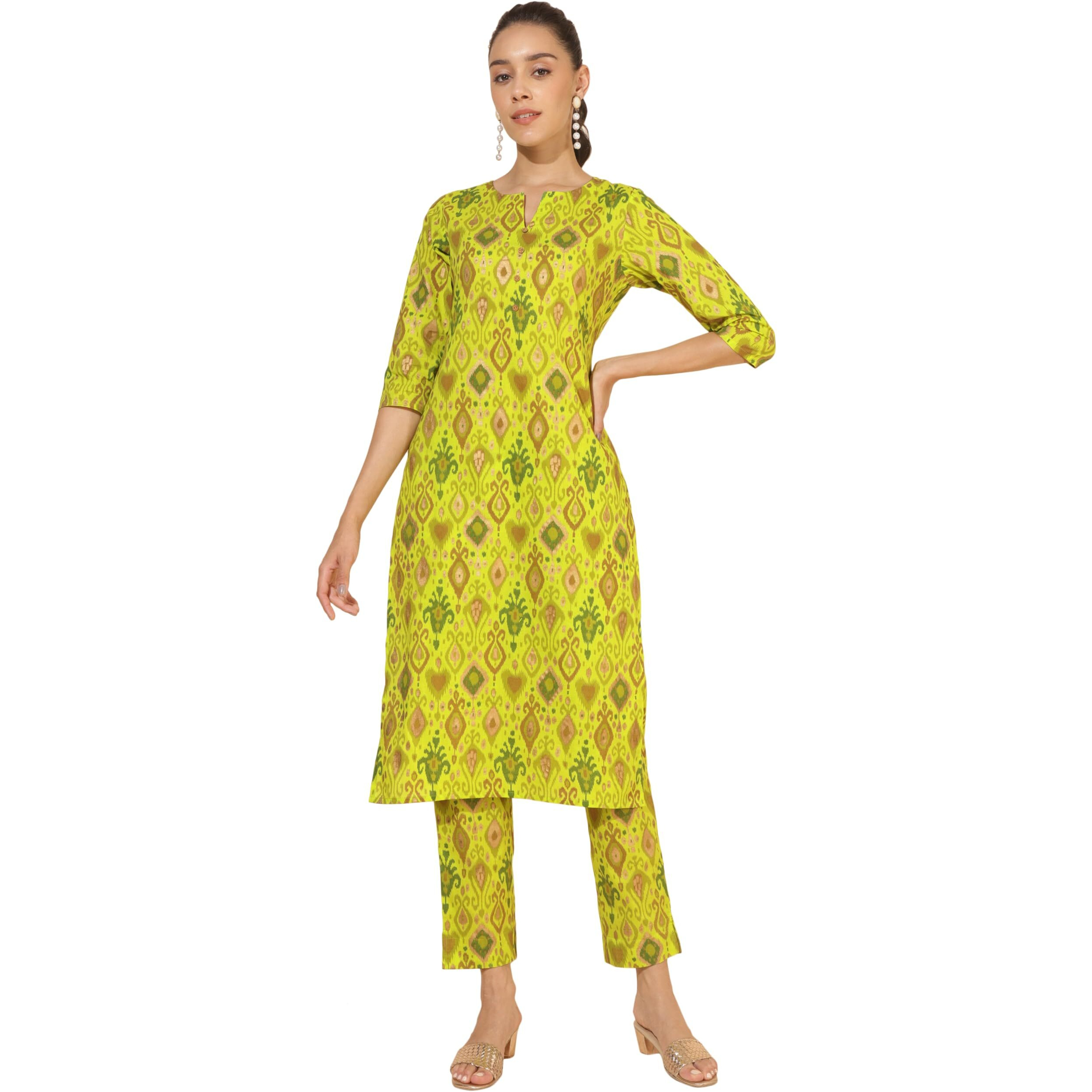 Janasya Women's Lime Green Cotton Ikat Printed Co-ord Set(SET901-KR-NP-XXL)