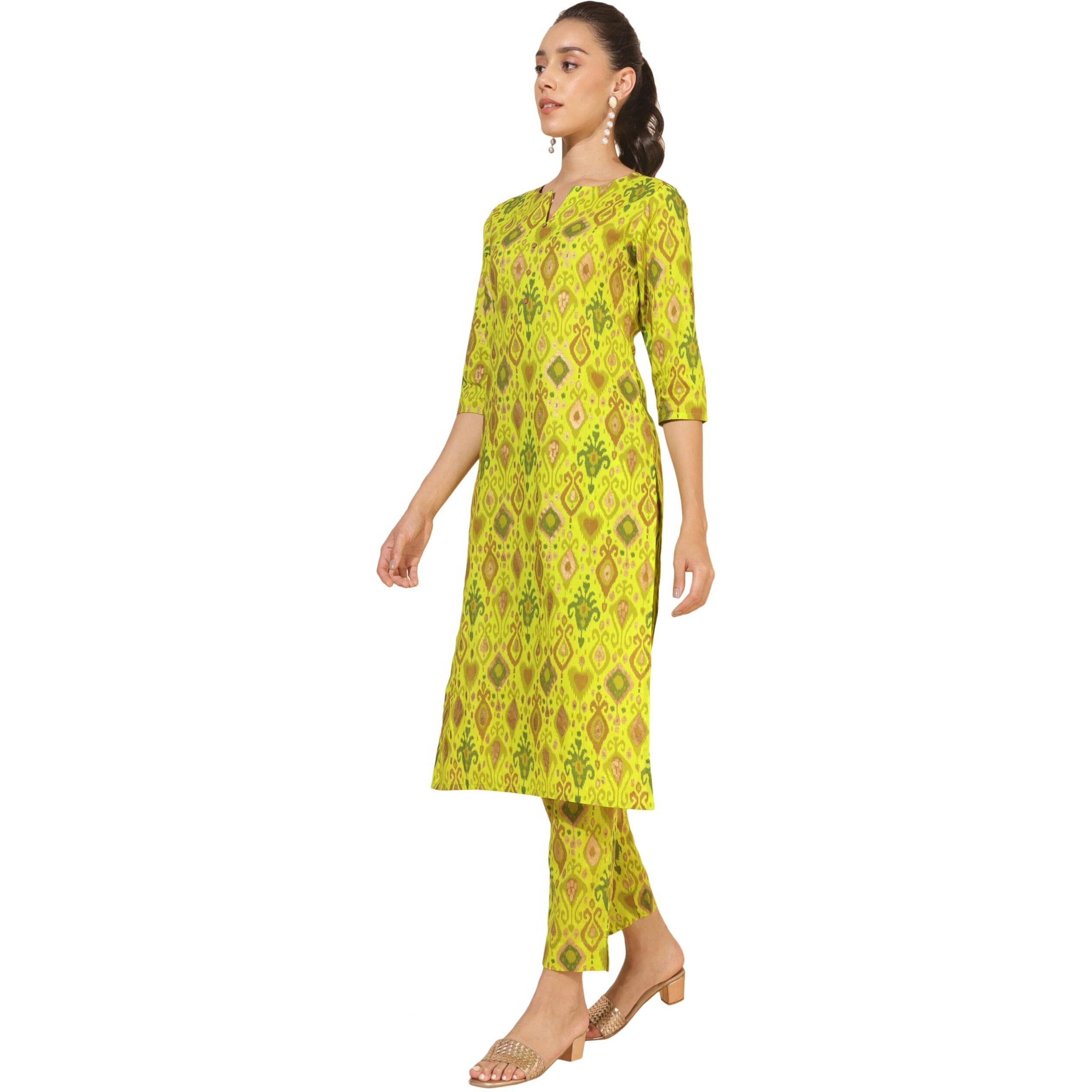 Janasya Women's Lime Green Cotton Ikat Printed Co-ord Set(SET901-KR-NP-XXL)