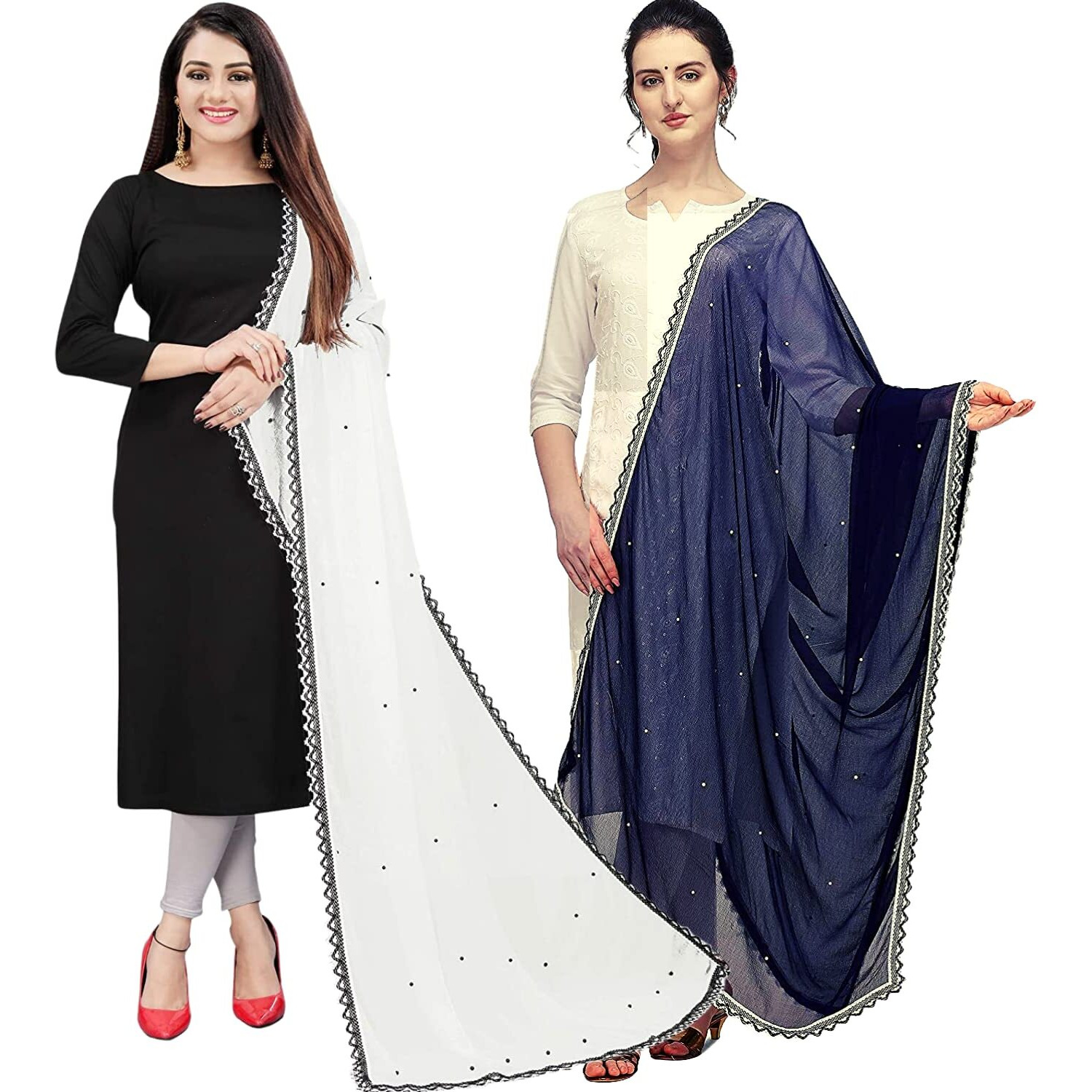 KEMZA Women's Solid Moti Work Chiffon Dupatta (White-Navy Blue) Combo Pack of 2 | Jaipuri Perl Work Dupatta