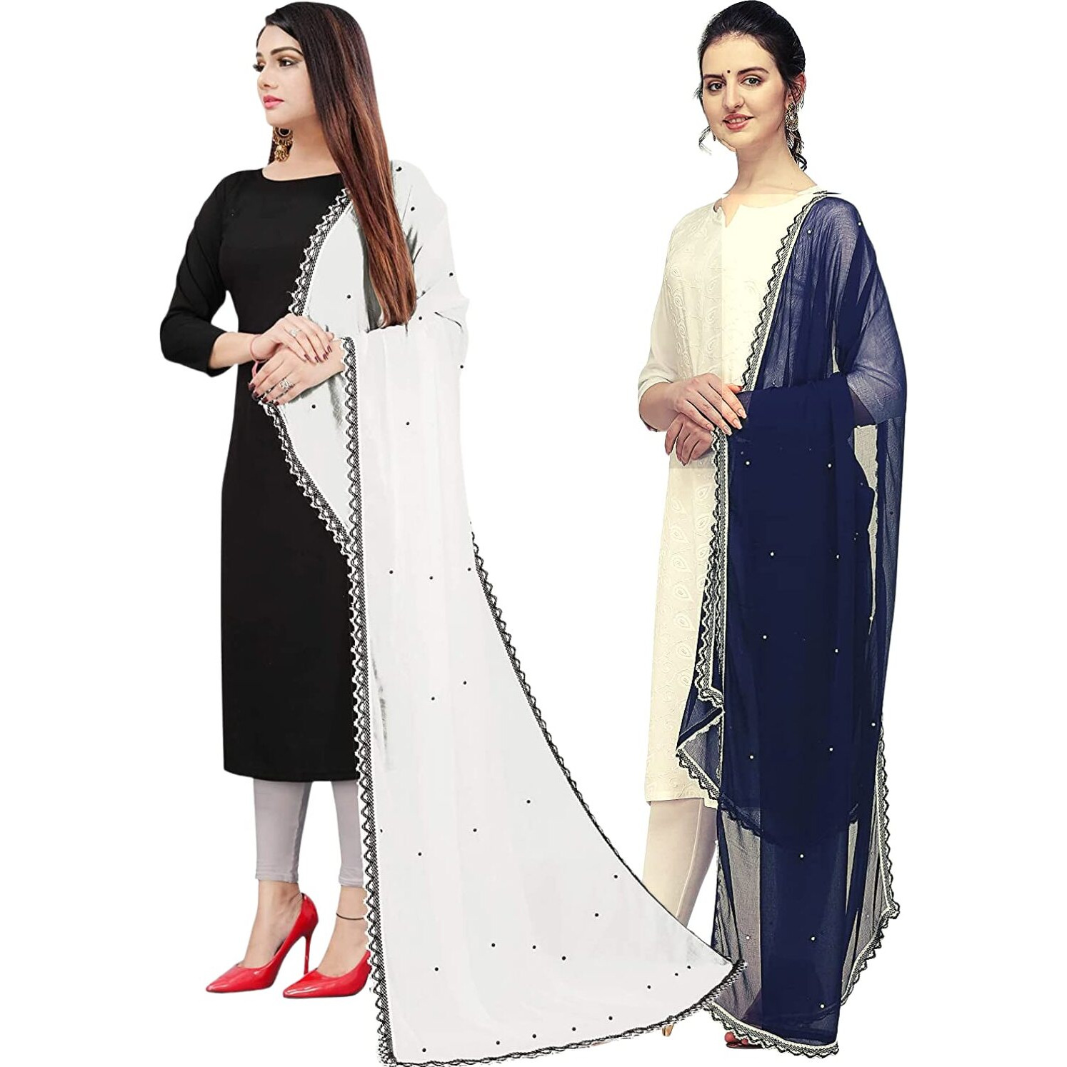 KEMZA Women's Solid Moti Work Chiffon Dupatta (White-Navy Blue) Combo Pack of 2 | Jaipuri Perl Work Dupatta