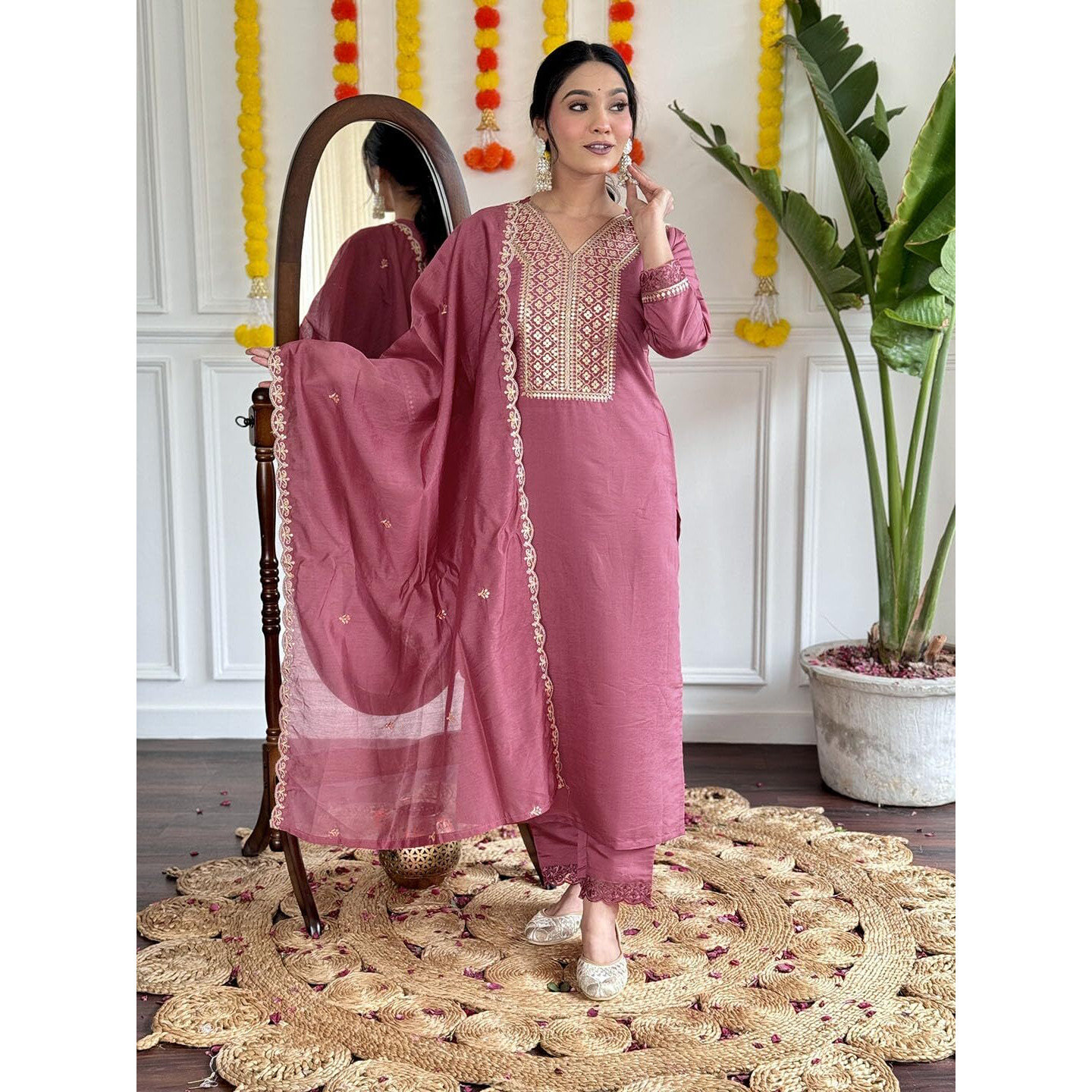 Naixa Women's Gajri Chanderi Viscose Embroidered Straight Kurta with Chanderi Viscose Pant and Chanderi Embroidered Laced Dupatta Sets (NX-S-Madhavi-Gajri-XL)