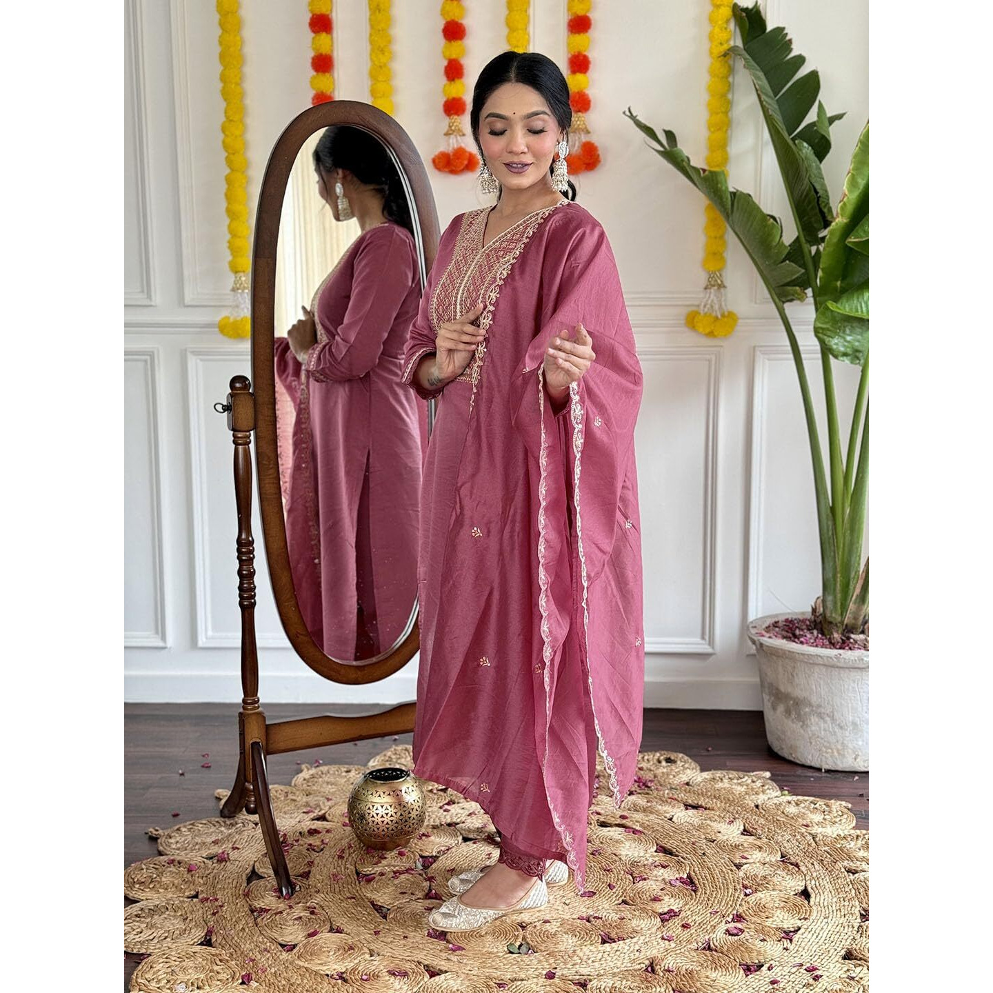 Naixa Women's Gajri Chanderi Viscose Embroidered Straight Kurta with Chanderi Viscose Pant and Chanderi Embroidered Laced Dupatta Sets (NX-S-Madhavi-Gajri-XL)