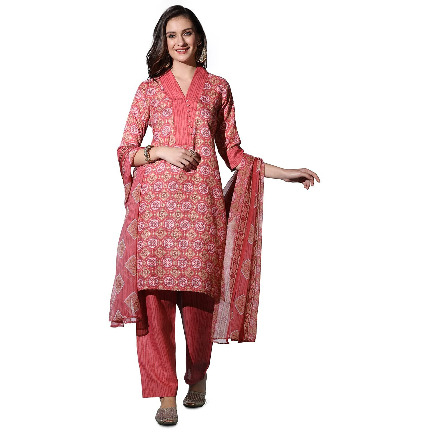GRECIILOOKS Womens Cotton Casual Regular Fit Casual Style Kurta Set (Pink, Small)