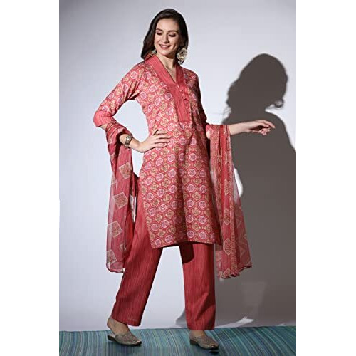 GRECIILOOKS Womens Cotton Casual Regular Fit Casual Style Kurta Set (Pink, Small)